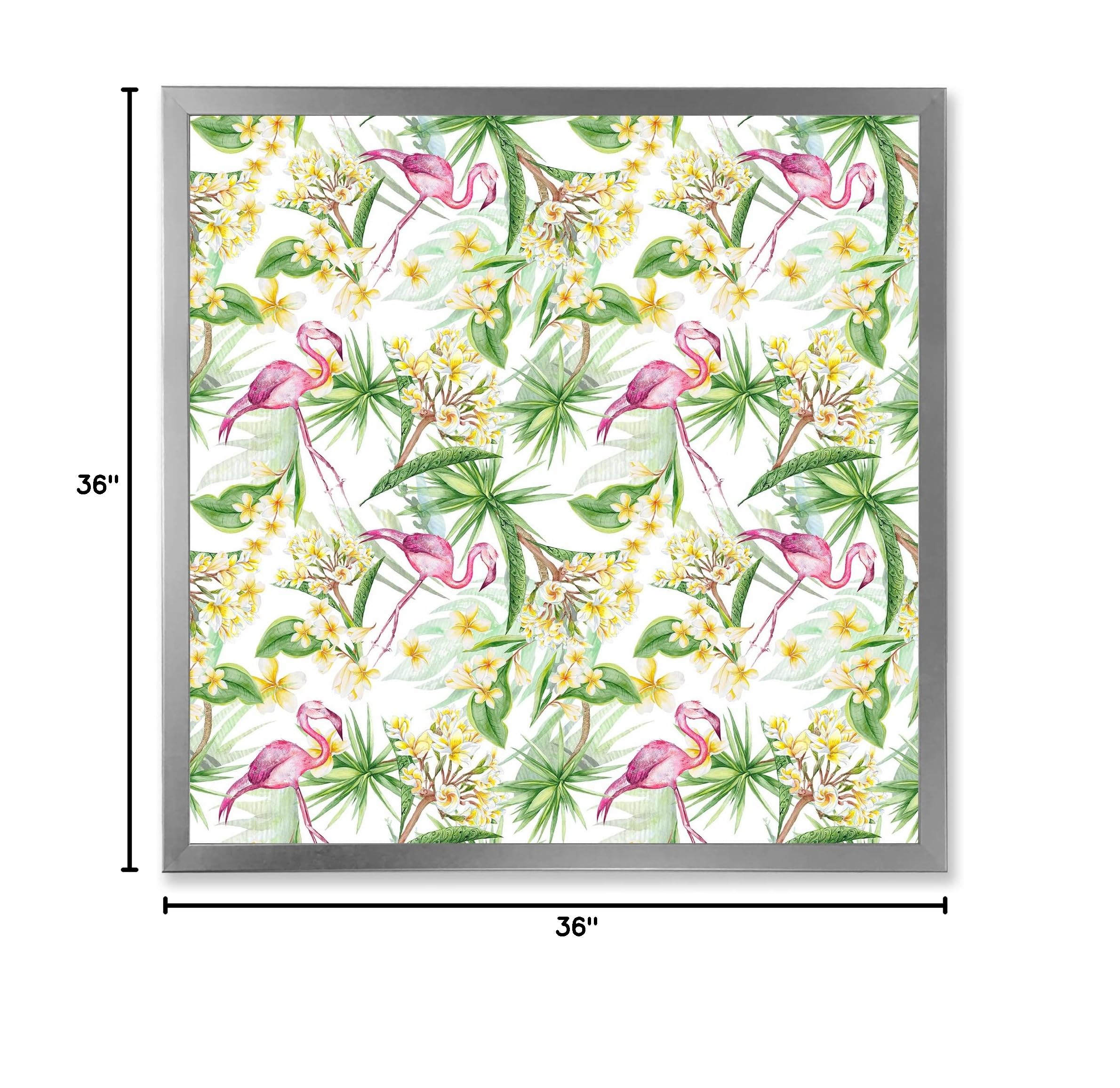 DesignQ Tropical Foliage & Yellow Flowers with Flamingo IV Modern Framed Wall Art - Perfect for Living Room, Bedroom & Office Decor