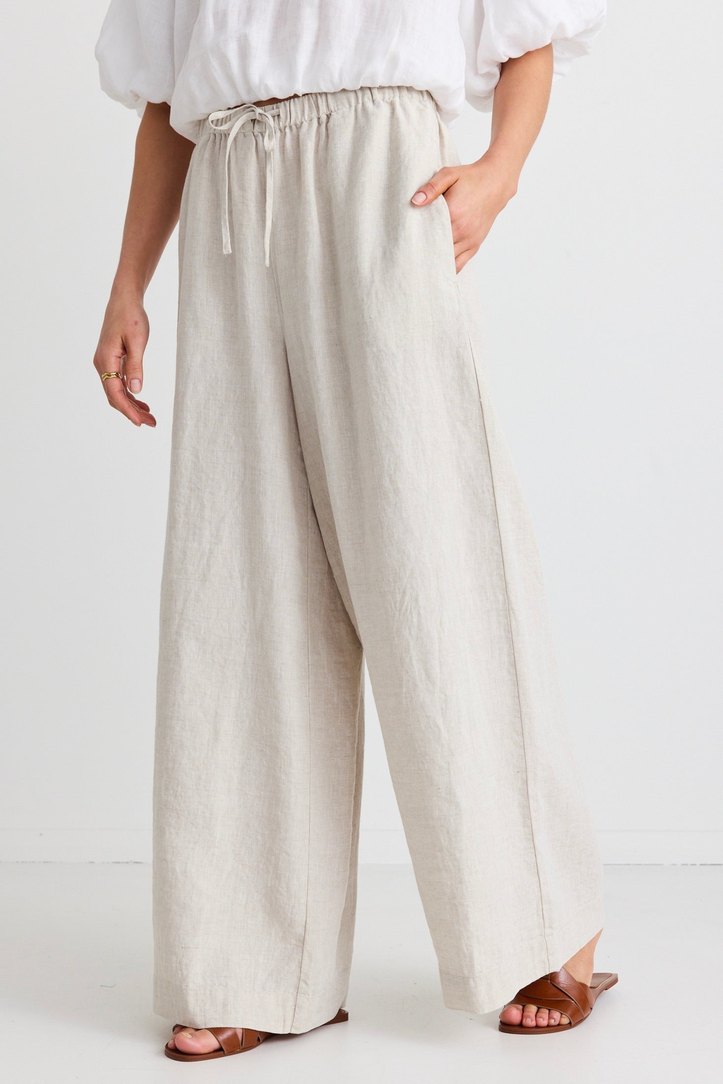 Resort Natural Linen Tie Waist Pull On Wide Leg Pants for Women - Comfortable Summer Beach Vacation & Casual Wear