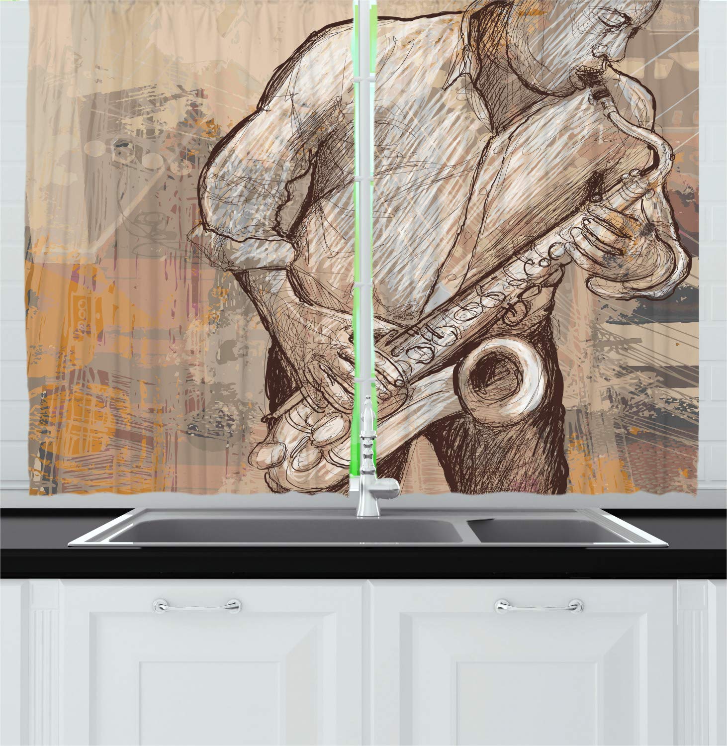 Ambesonne Jazz Musician Playing Saxophone Solo Kitchen Curtains - Brown Ecru Grunge Background Art Print Drapes with Rod Pocket, 55