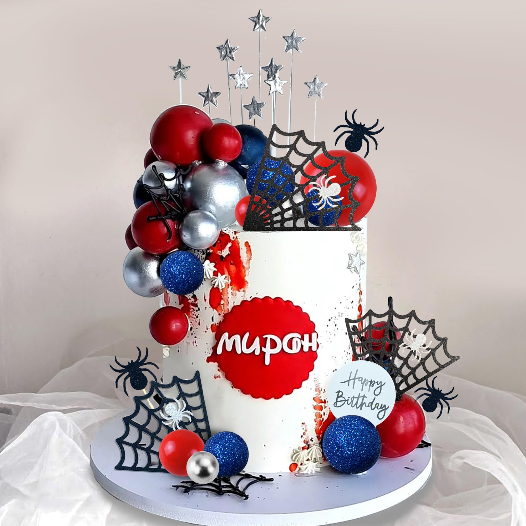 Spider Cake Topper with Spider Web Balls & Stars - Halloween Birthday Party Decor for Boys, Men, Baby Shower Supplies - Perfect for Spooky Themed Cakes, Cupcakes & Dessert Tables