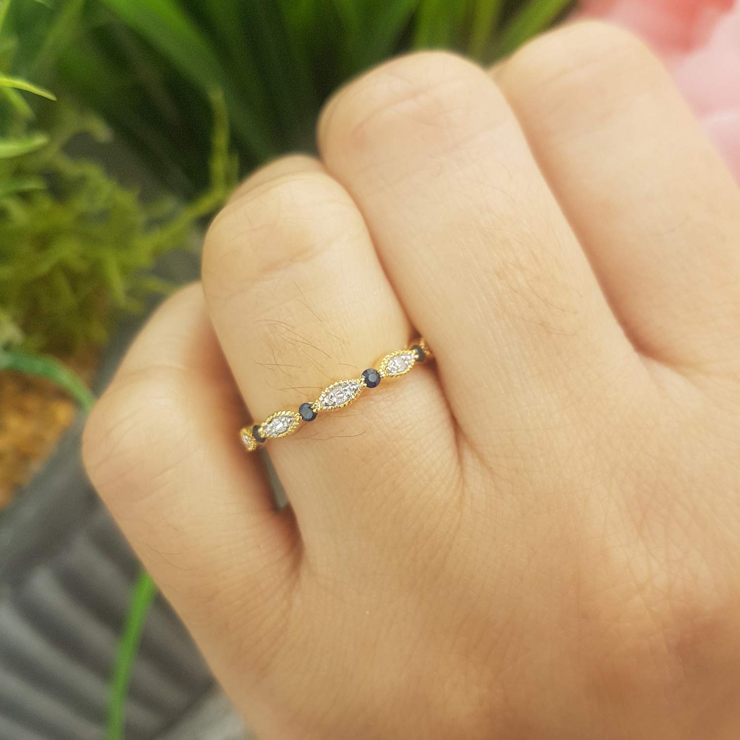 10K Solid Gold Round Blue Sapphire & White Diamond Women's Wedding Eternity Band Stackable Ring - Elegant Bridal Jewelry for Anniversary, Engagement & Stackable Ring Sets