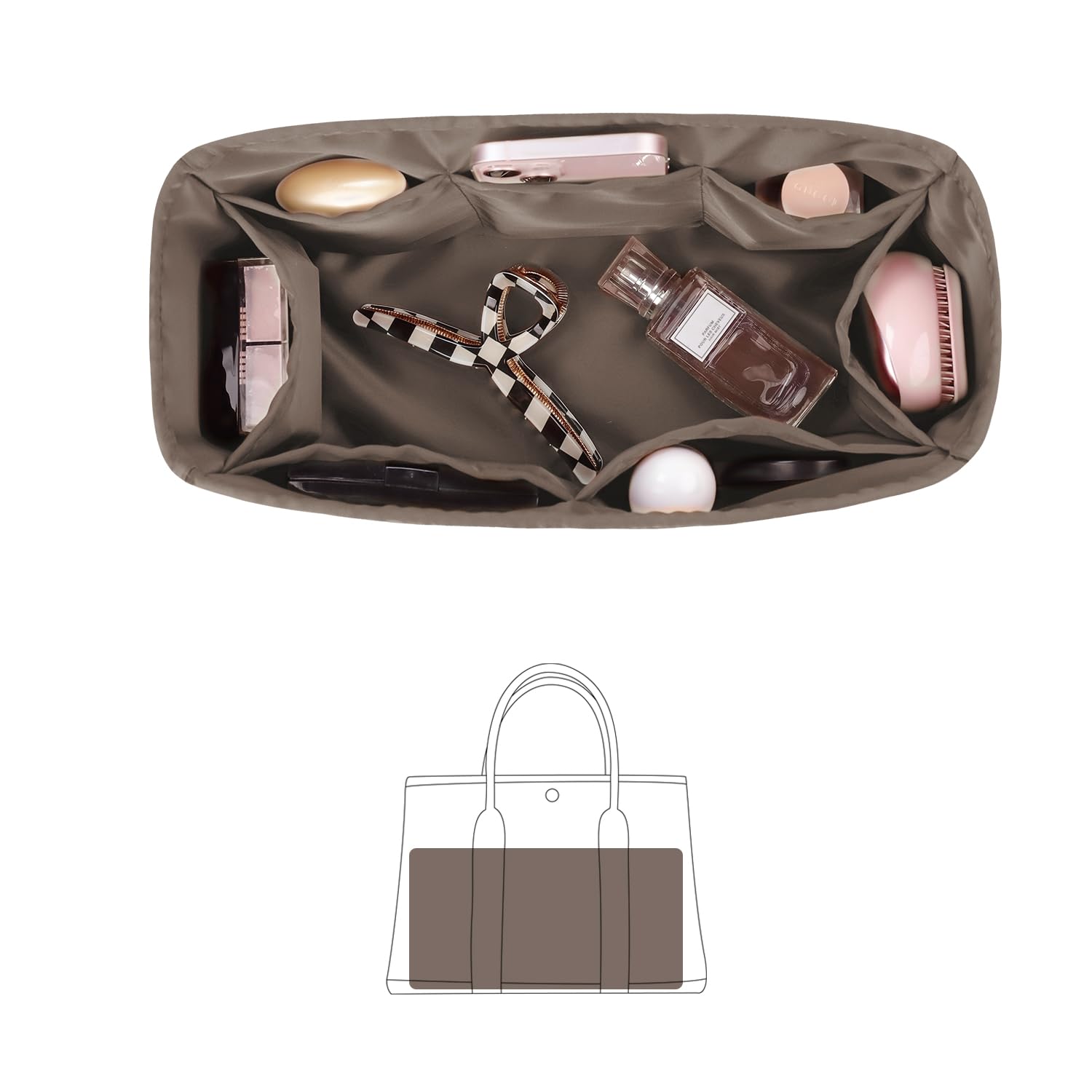 Hermes Garden Party 30 Bag Organizer - Silk Fabric Insert with Pockets for Luxury Totes (Etoupe Grey) - Perfect for Travel & Work