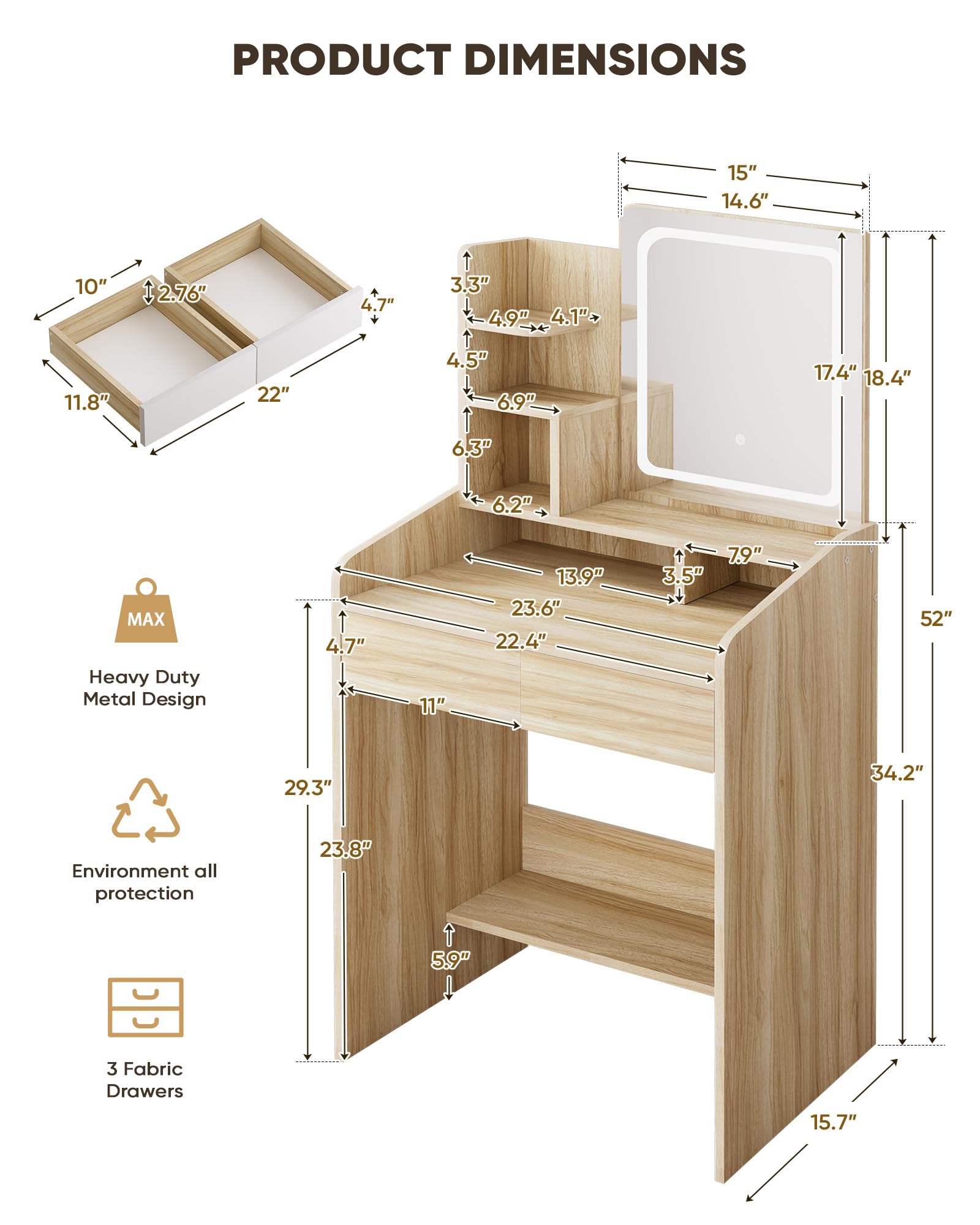 Elegant Small Vanity Desk Set with Square Mirror & LED Lights - Wooden Dressing Table with Storage Drawers - Perfect for Bedroom Makeup & Jewelry Organization