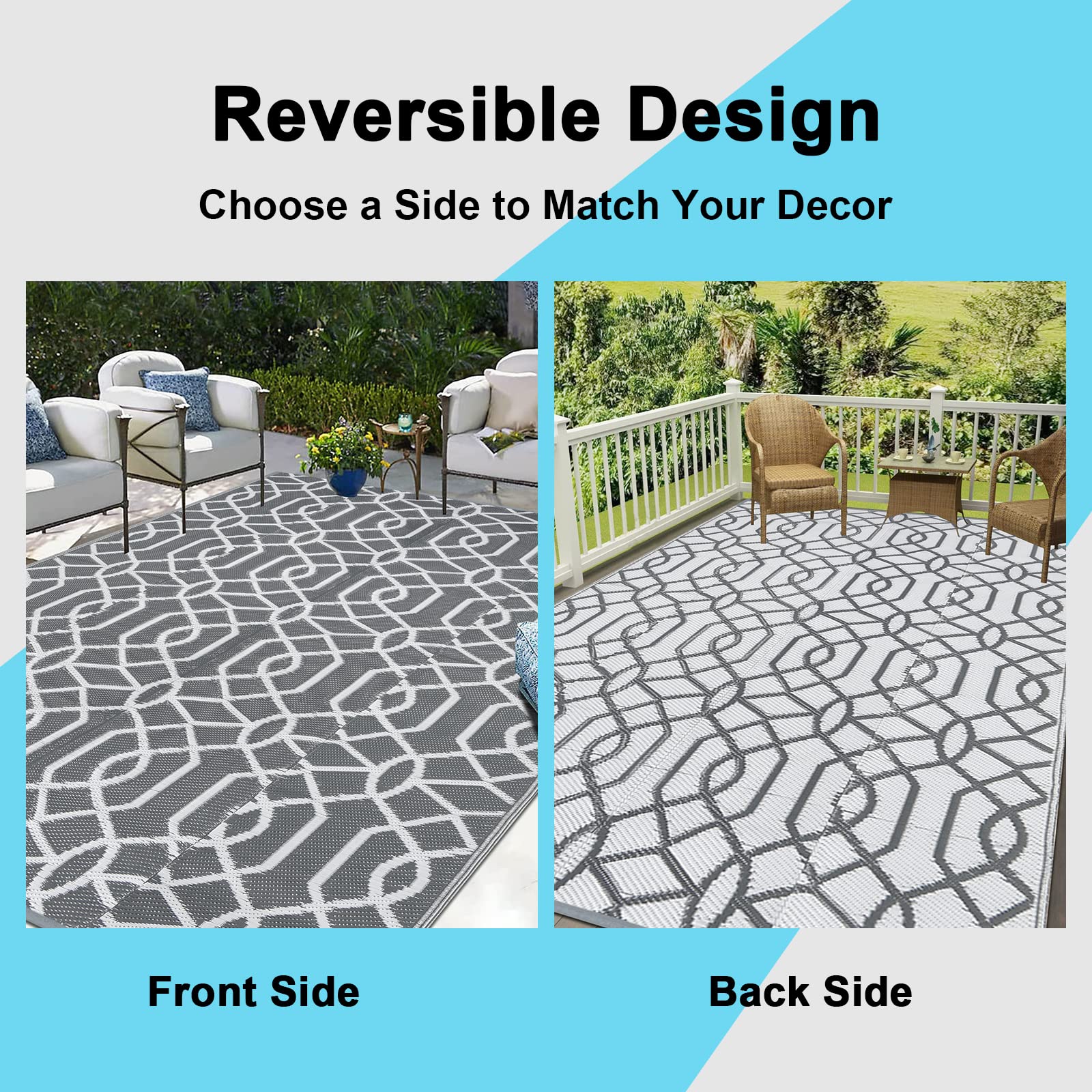 HEBE 5'x8' Waterproof Reversible Outdoor Rug - Geometric Pattern Plastic Patio Mat for Camping, RV, Deck, Balcony, Porch & Tent - Durable All-Weather Floor Covering for Outdoor Living Spaces