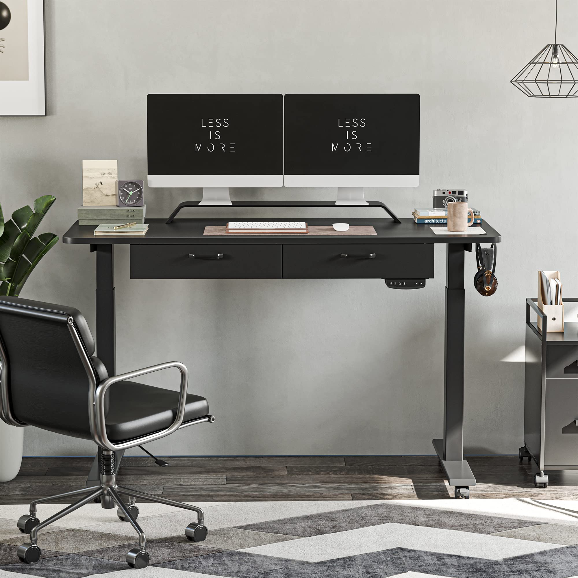 BANTI 55 Inch Adjustable Height Electric Standing Desk with Double Drawers - Black Frame & Black Top | Ergonomic Computer Workstation for Home Office | Perfect for Remote Work, Gaming & Study Spaces