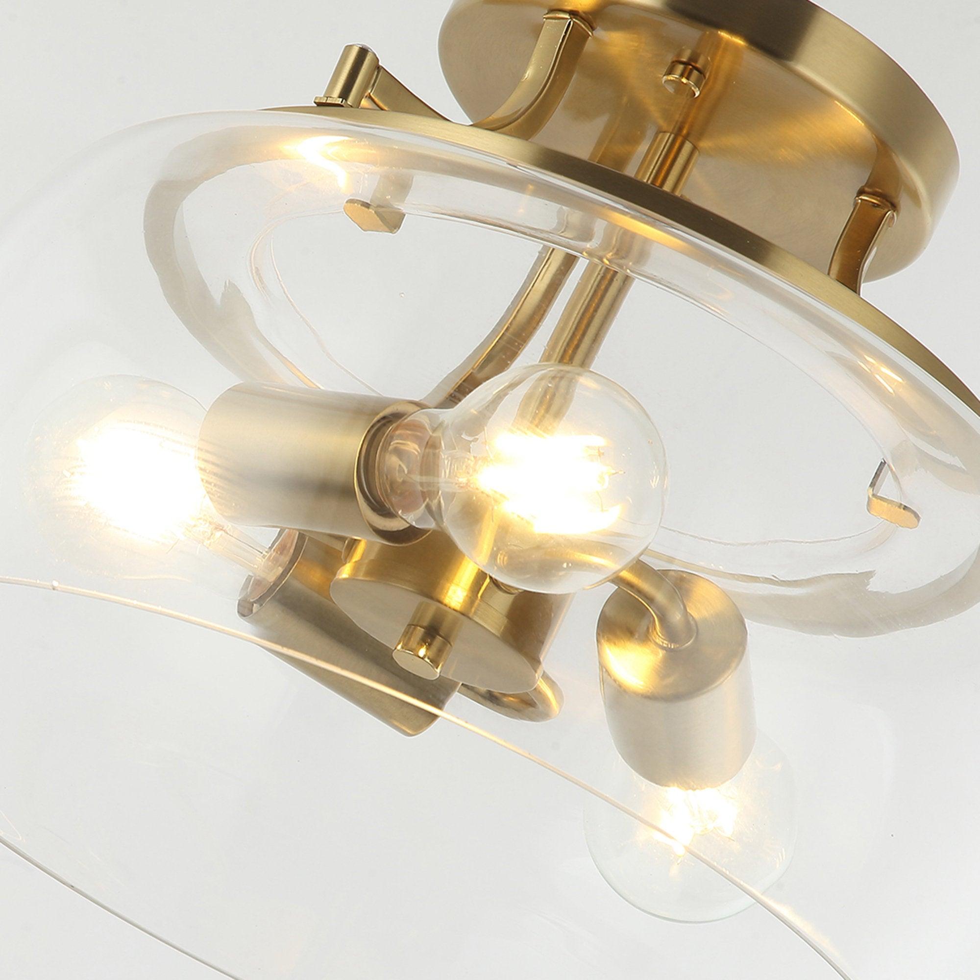 13 Inch 3 Light Brass Gold Semi Flush Mount Ceiling Light Fixture with Clear Glass Shade - Elegant Lighting for Dining Room, Bedroom, or Entryway