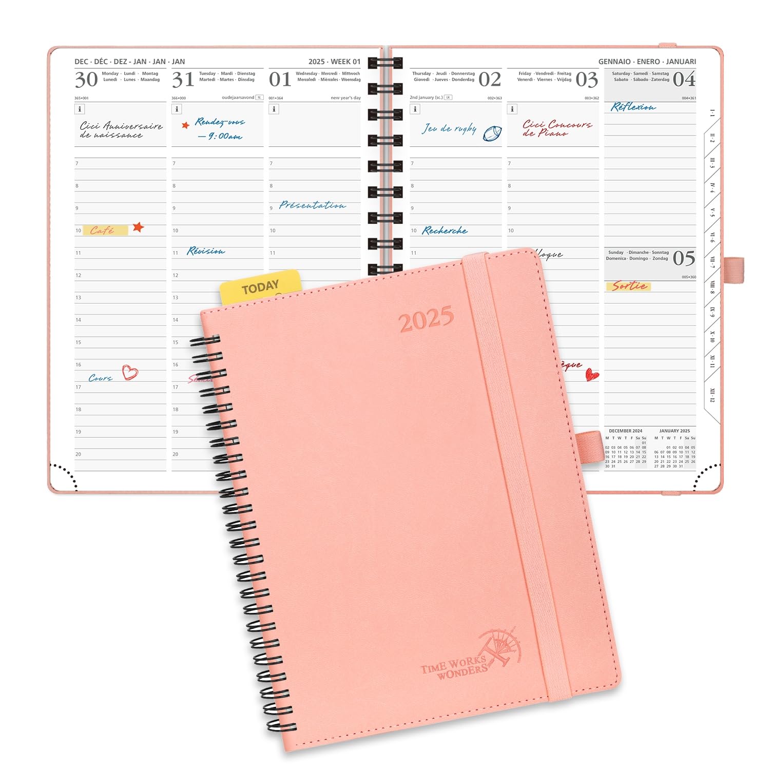 POPRUN 2025 Weekly Planner - 22 x 16.5 cm Soft PU Leather Cover Spiral Bound Vertical Planner | January 2025 to December 2025 12-Month Agenda | Includes Bookmark Ruler & FSC® Certified 100g/m² Paper in Pink | Perfect for Office, School & Personal Organization