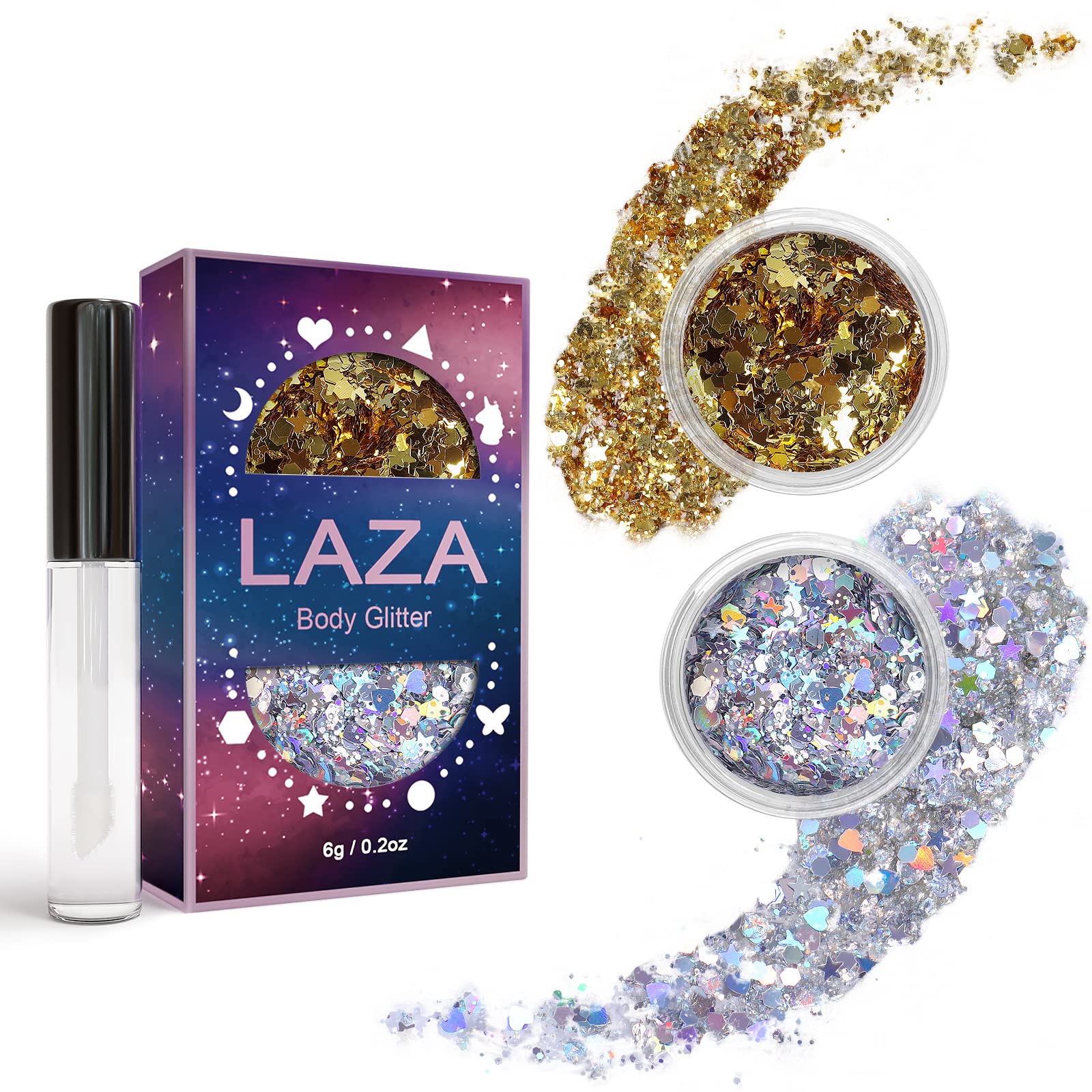 Holographic Chunky Body Glitter with Glue - 2 Jars Set (Gold & Silver) for Face, Eyeshadow & Body Art | Perfect for Festivals, Rave Outfits, Carnival Costumes & Hair Accessories | Long-Lasting Shimmer Makeup for Women & Teens