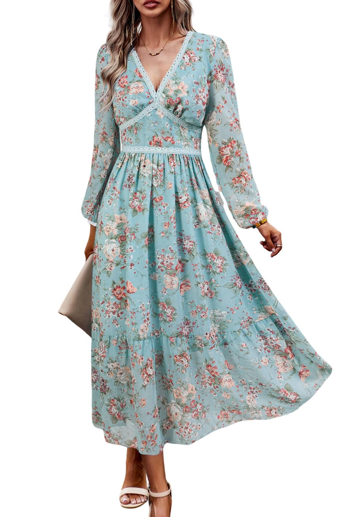 Elegant Women's V-Neck Long Sleeve Wrap Maxi Dress - A-Line Empire Waist Chiffon Dress for Wedding Guest, Party & Casual Wear | Perfect for Fall Events, Date Nights & Special Occasions