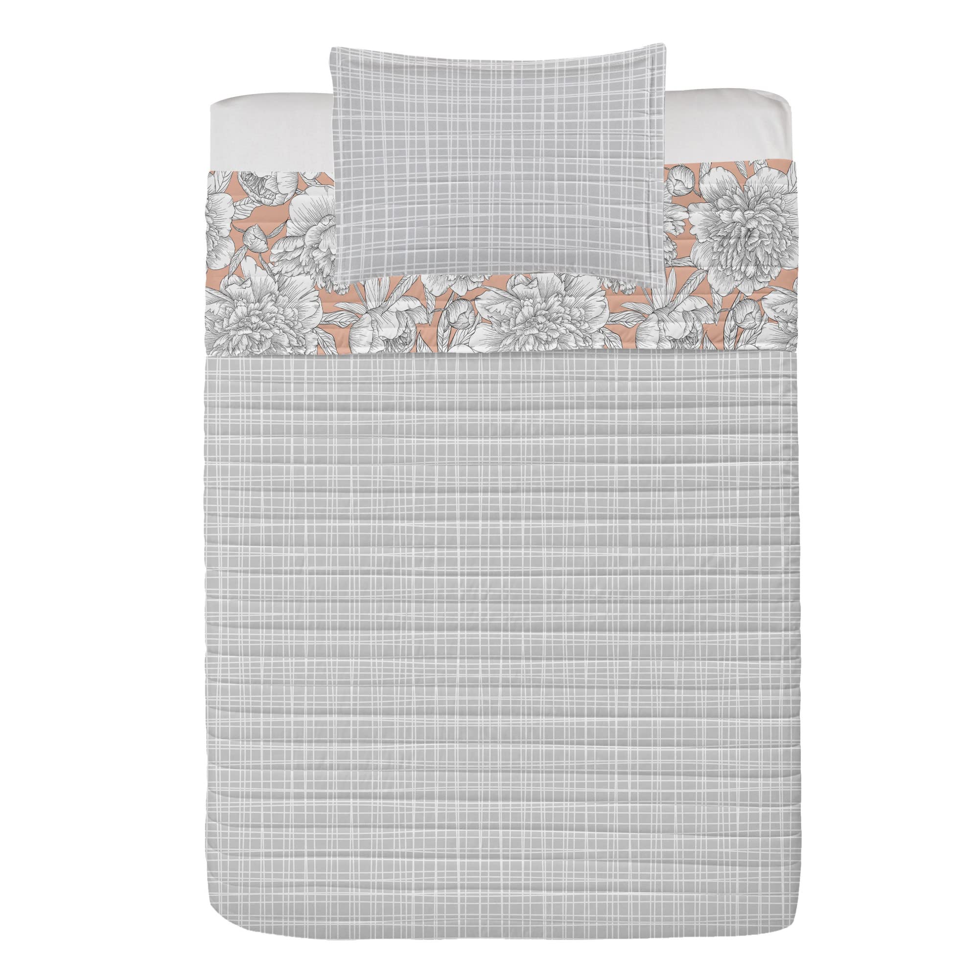 Ambesonne Floral Reversible Bedspread Set - Hand Drawn Rose, Chamomile & Peonies Design - Microfiber Twin Size Bedding with Pillow Shams - Pale Peach - Perfect for Spring Bedroom Decor & Boho Home Styling