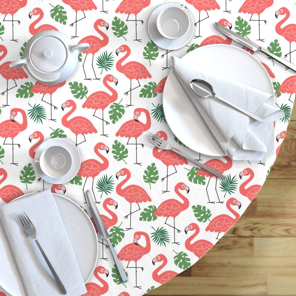 Custom Flamingo Leaves Coral Palm Birds Print Cotton Sateen Tablecloth - 90