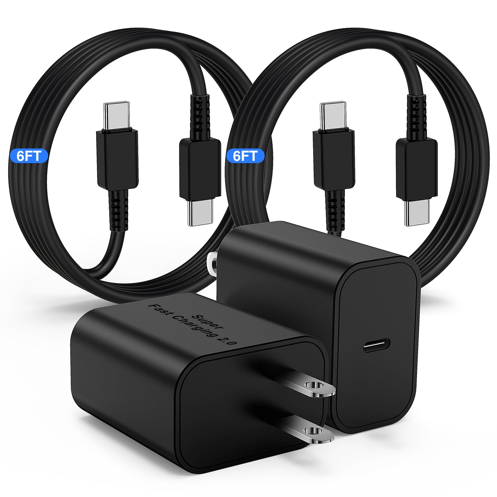45W USB-C Fast Charger Block & 6FT USB-C to USB-C Cable (2-Pack) - Compatible with Samsung Galaxy S25 Ultra/S25/S24/S23/S22/S21/S20 Ultra/Plus, iPad Pro/Air/Mini & Android Phones - Quick Charge for Home, Office & Travel