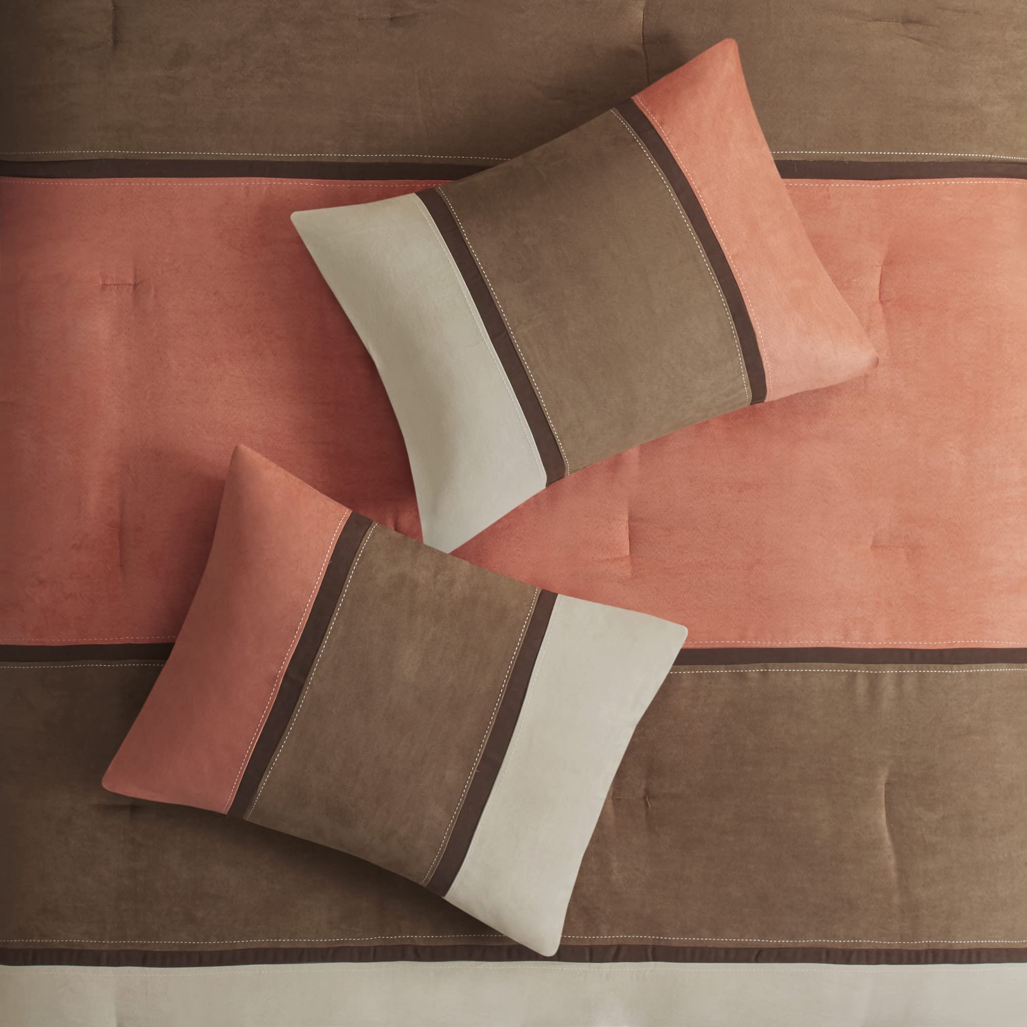 Madison Park Palisades 7-Piece Comforter Set - Modern Faux Suede Stripe Design, All-Season Down Alternative Bedding with Matching Shams & Decorative Pillows, Cal King (104x92 Inches), Coral | Luxury Bedroom Decor for Master Suite & Guest Rooms