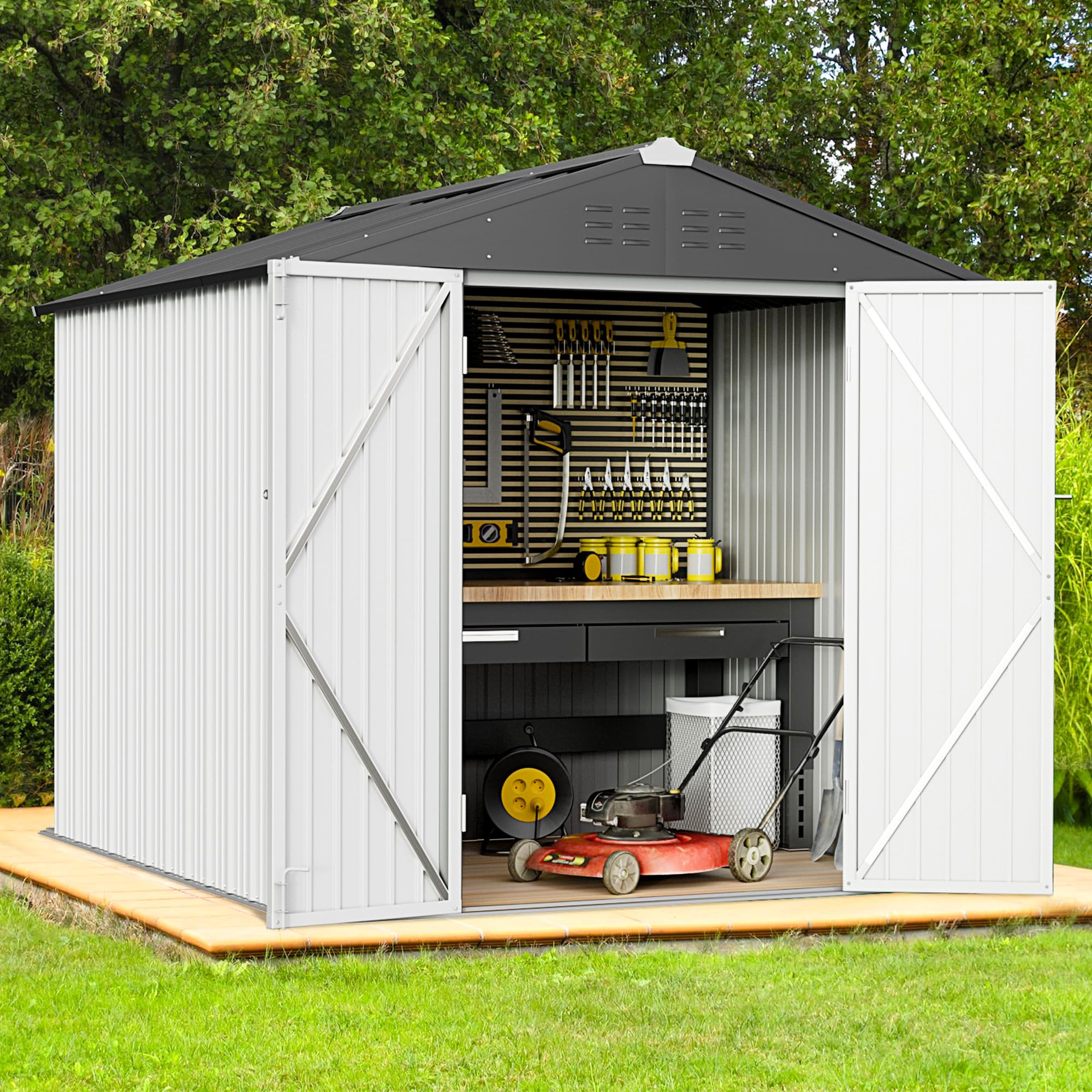 Greesum 6x4 ft Outdoor Storage Shed - Metal Utility Tool & Garden Shed with Secure Door Lock - Weatherproof Patio Storage Solution for Backyard, Lawn Equipment & Gardening Tools (White)