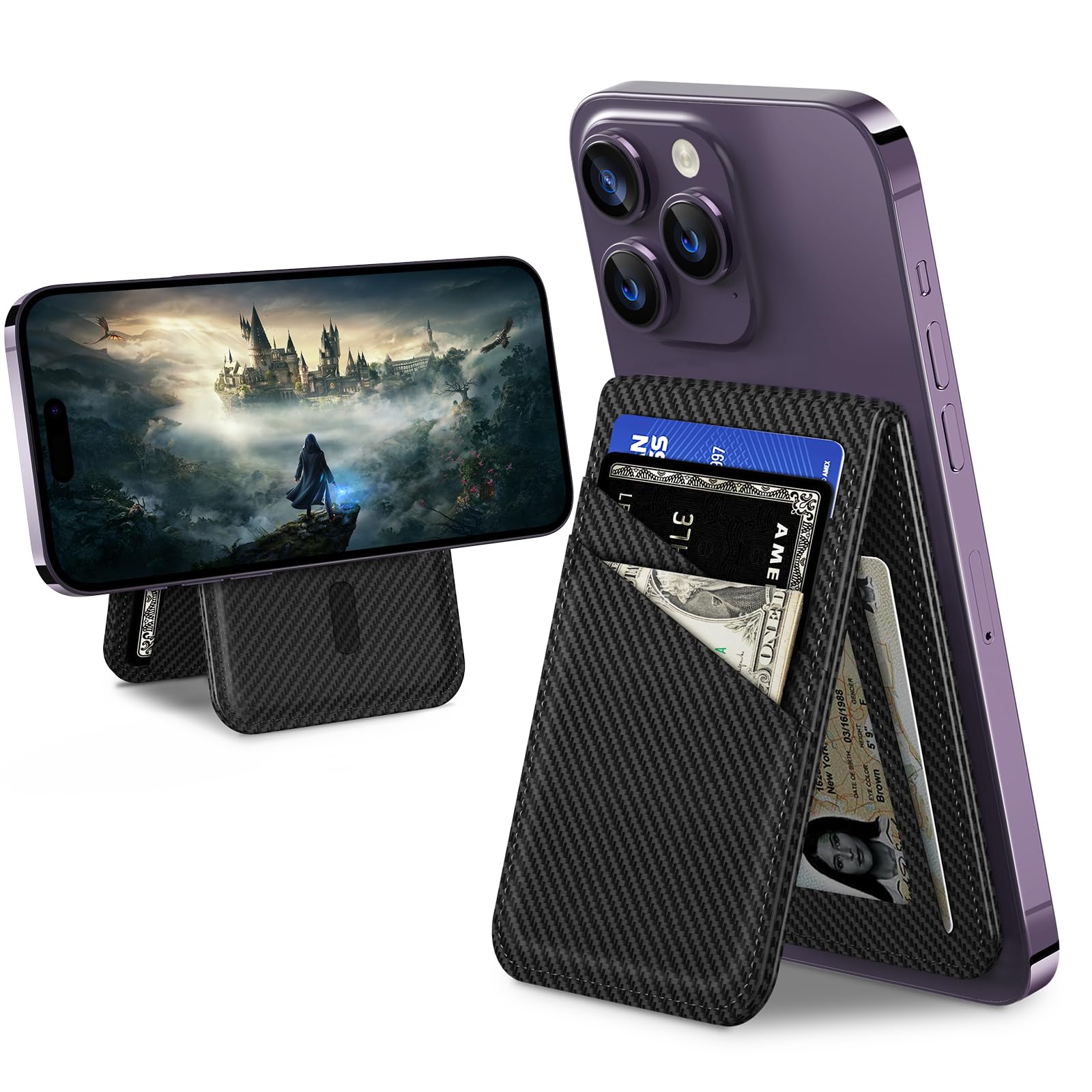 Premium Magnetic Phone Wallet Stand for iPhone 15/14/13/12 Series - Vegan Leather Card Holder with Strong MagSafe Attachment, RFID Blocking Technology, 5 Card Slots & ID Window | Slim & Durable Design for Everyday Carry, Travel & Contactless Payments