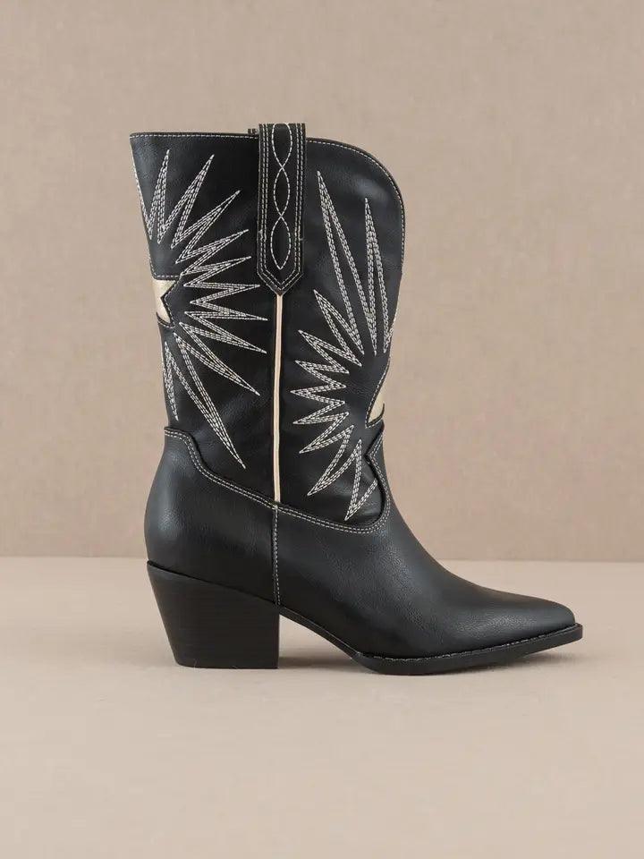 Bristol Black Star Burst Western Boots for Women - Stylish Cowgirl Boots with Embroidered Design - Perfect for Country Dancing, Rodeo, and Western Fashion