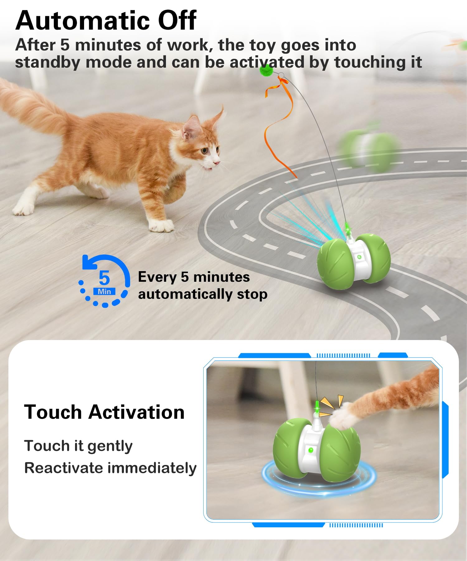 Interactive Motion Activated Cat Toys for Indoor Cats - Automatic USB Rechargeable Cat Toy with Extra Long Feather Wand & Mouse Toy (Green) - Perfect for Playtime, Exercise & Boredom Relief
