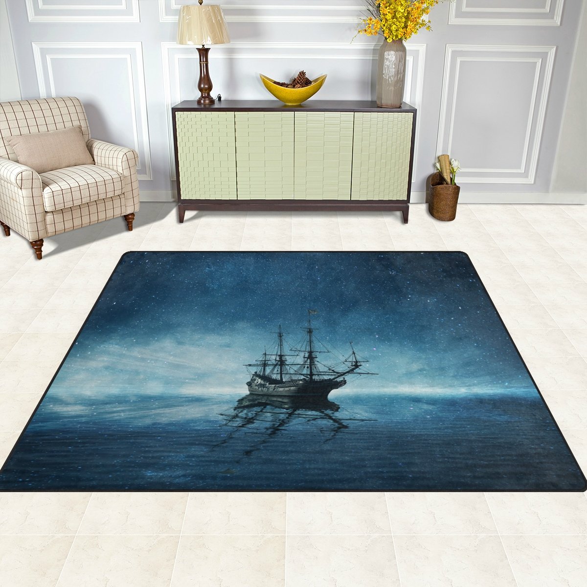 ALAZA Ghost Pirate Ship Starry Night Ocean Themed Area Rug - 7' x 5' Non-Slip Living Room & Bedroom Carpet - Perfect for Nautical Decor, Kids Room, and Coastal Home Design
