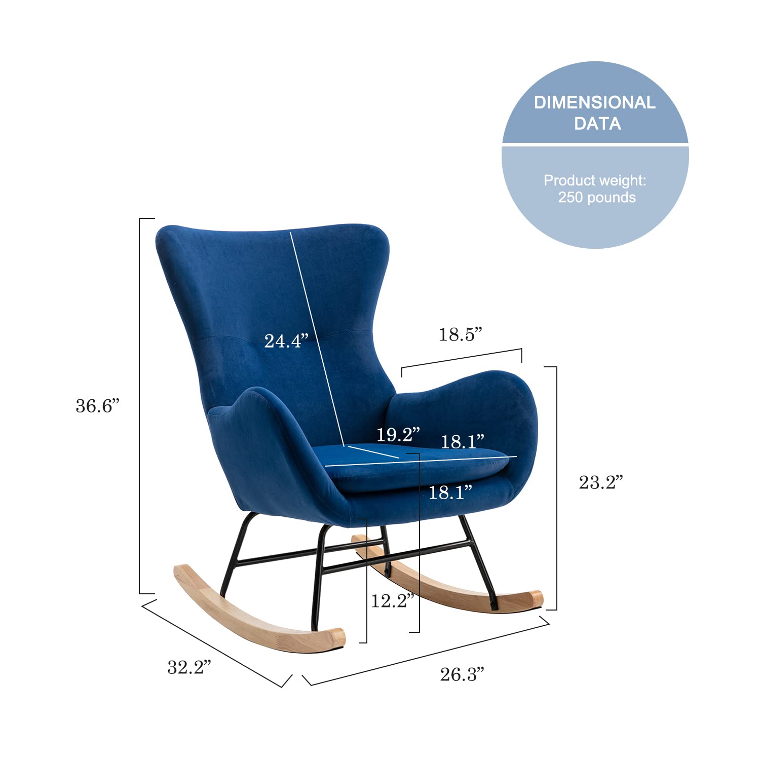 Modern Rocking Chair - Comfortable Upholstered Accent Chair with High Backrest & Armrests, Nursery Glider Rocker for Baby Room, Living Room & Bedroom (Blue) - Perfect for Nursing, Relaxing & Reading