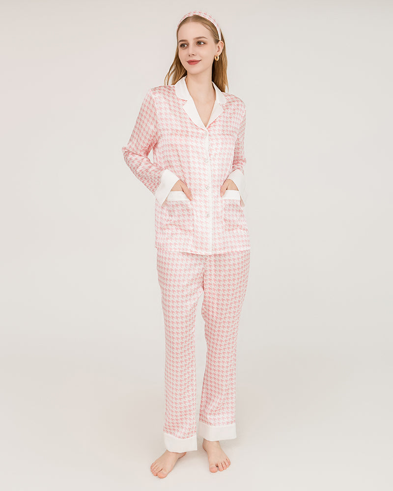 Luxury Houndstooth Silk Pajamas with Swarovski Crystal Buttons - Women's Elegant Sleepwear Set for Gifts & Special Occasions