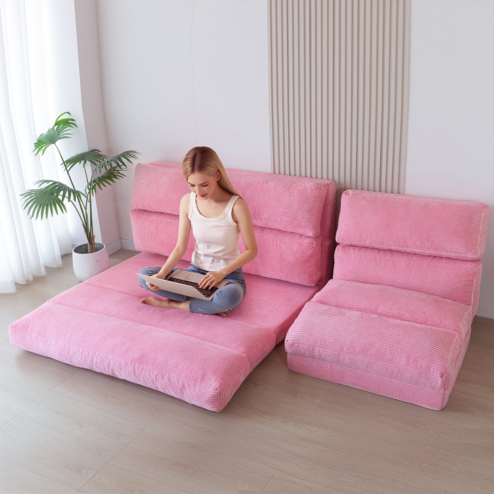 MAXYOYO Folding Sofa Bed - Extra Wide Corduroy Floor Bed in Pink | Convertible Sleeper for Small Spaces, Guest Room & Dorm | Comfortable Lounge Chair for Living Room, Bedroom & Office