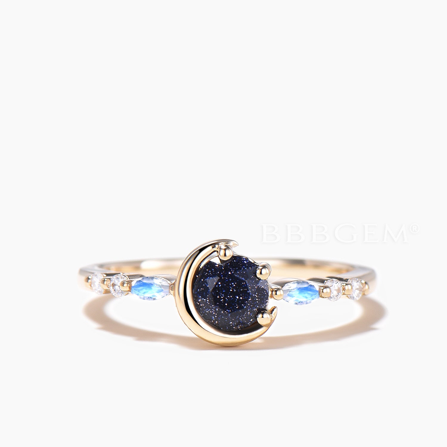 Round Cut Blue Sandstone Moon Engagement Ring - Moonstone Celestial Wedding Band for Women - Perfect for Proposals, Anniversaries & Boho Bridal Jewelry