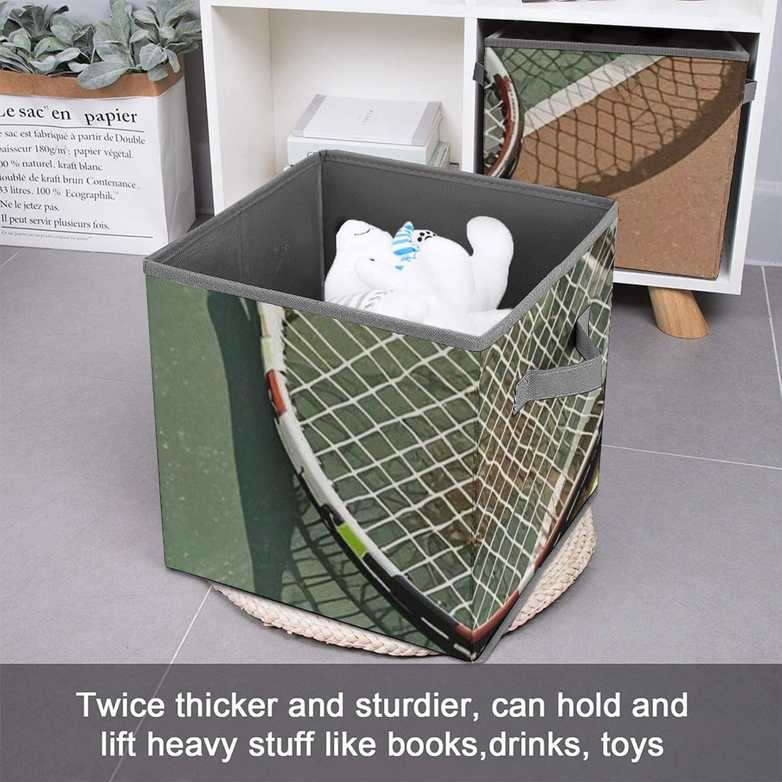 Premium Tennis Racket & Ball Storage Organizer - Large Capacity Collapsible Closet Bin with Handles 10.6x10.6x10.6 Inches - Perfect for Home, Office & Court Equipment Organization (White/Black)