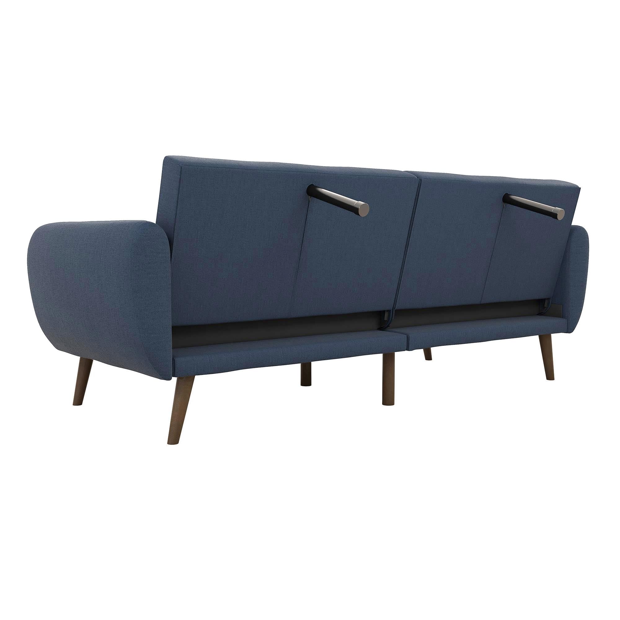 Novogratz Brittany Sofa Futon - Premium Linen Upholstery with Wooden Legs in Blue | Convertible Sleeper Sofa for Small Spaces, Living Room & Guest Room