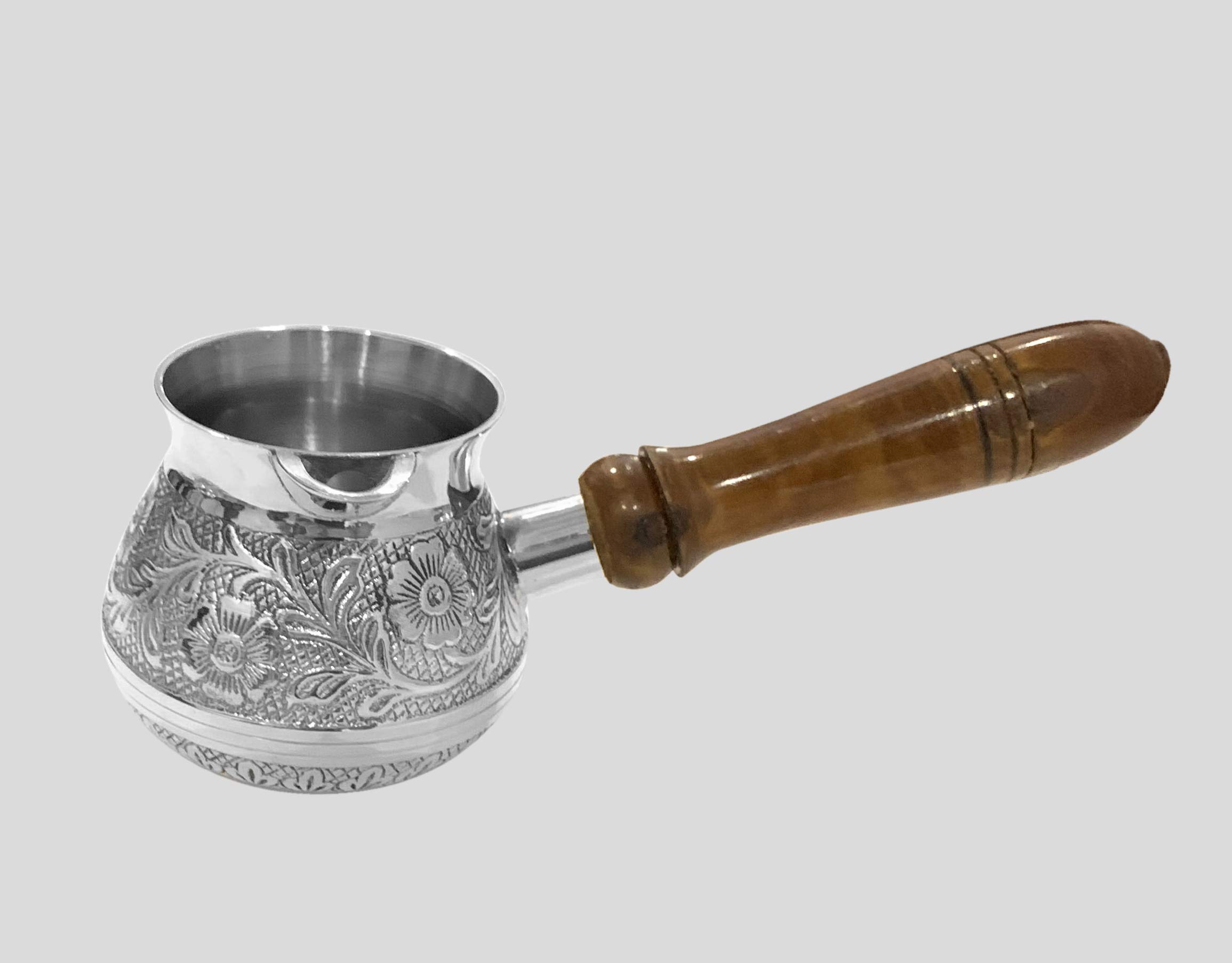 Diollo 2.5 Inch Floral Brass Turkish Greek Arabic Coffee Pot - Stovetop Coffee Maker for Kahwa, Kashmiri Tea & Tibetan Brews - 6 Oz Silver Kettle for Traditional Home Brewing & Gift Giving