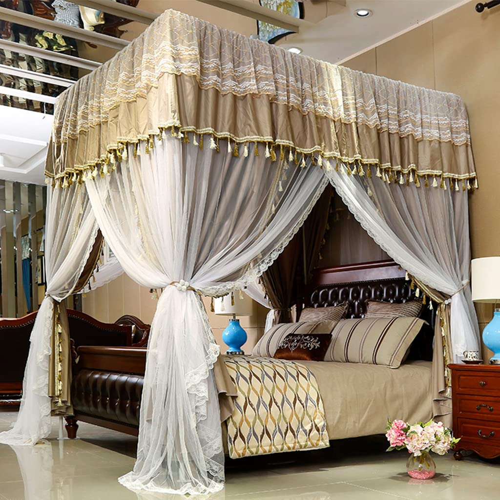Elegant 4 Corner Post Bed Canopy & Mosquito Net 2-in-1 for Girls, Women & Boys - Twin/Full/Queen/Cal King Size (Khaki, King) | Princess Style Bedroom Decor & Mosquito Protection for Kids & Adults