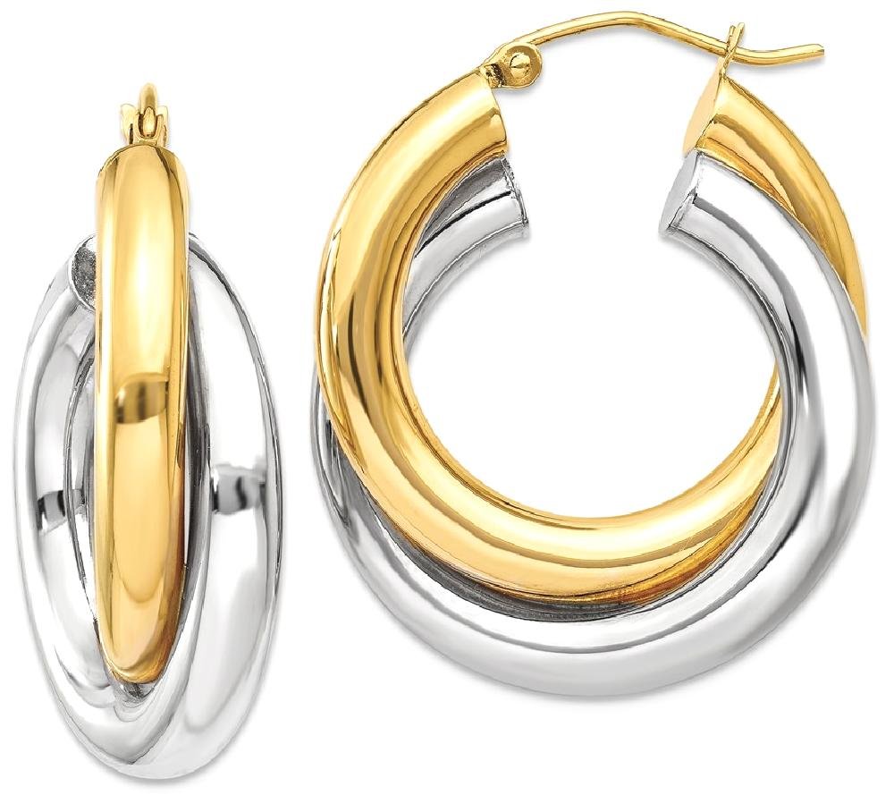14K Solid Two-Tone Gold Double Tube Round Medium Hoop Earrings for Women - Elegant Everyday & Party Jewelry Gift