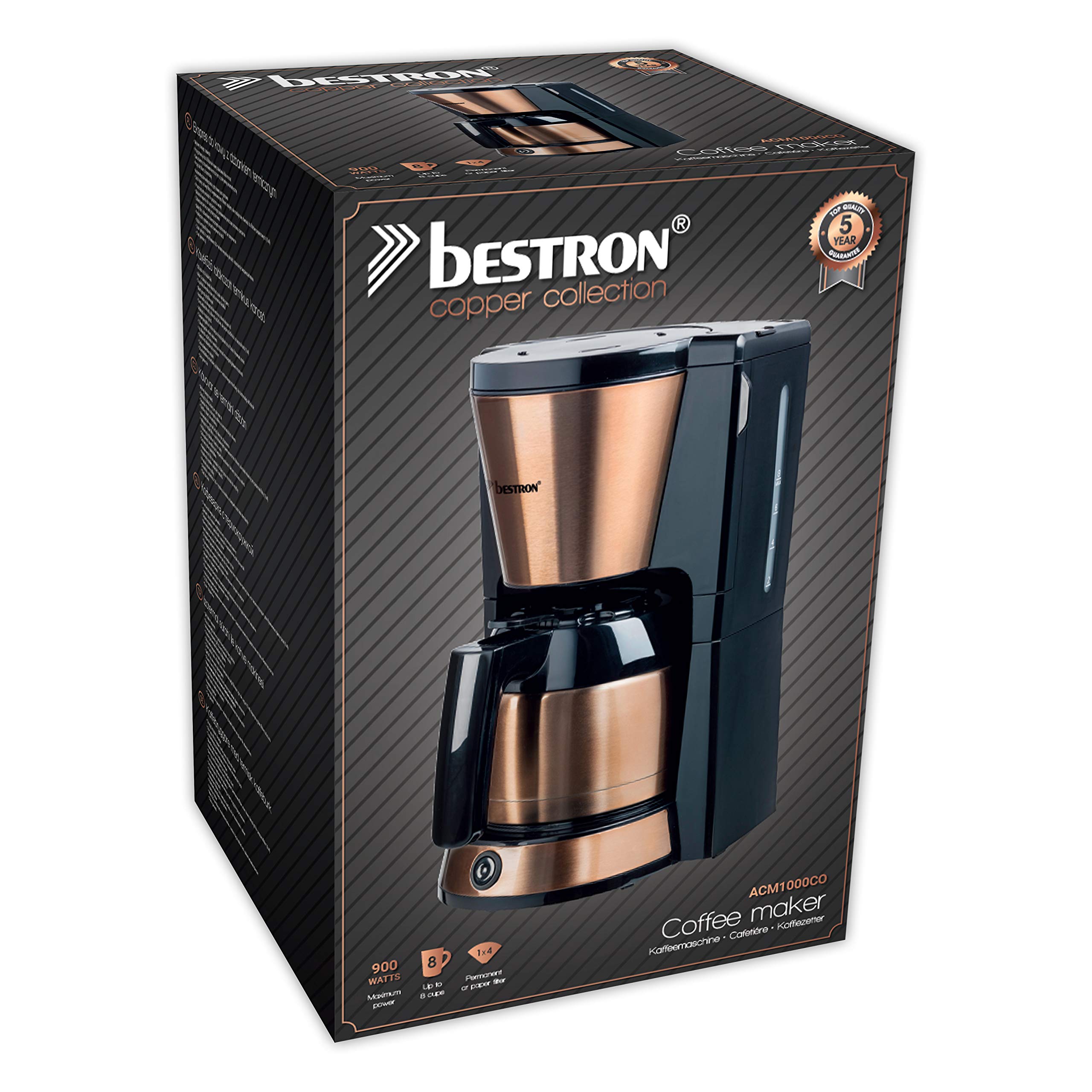 8-Cup Stainless Steel Coffee Maker with Copper Accents - 900W Fast Brewing for Home, Office & Restaurant Use