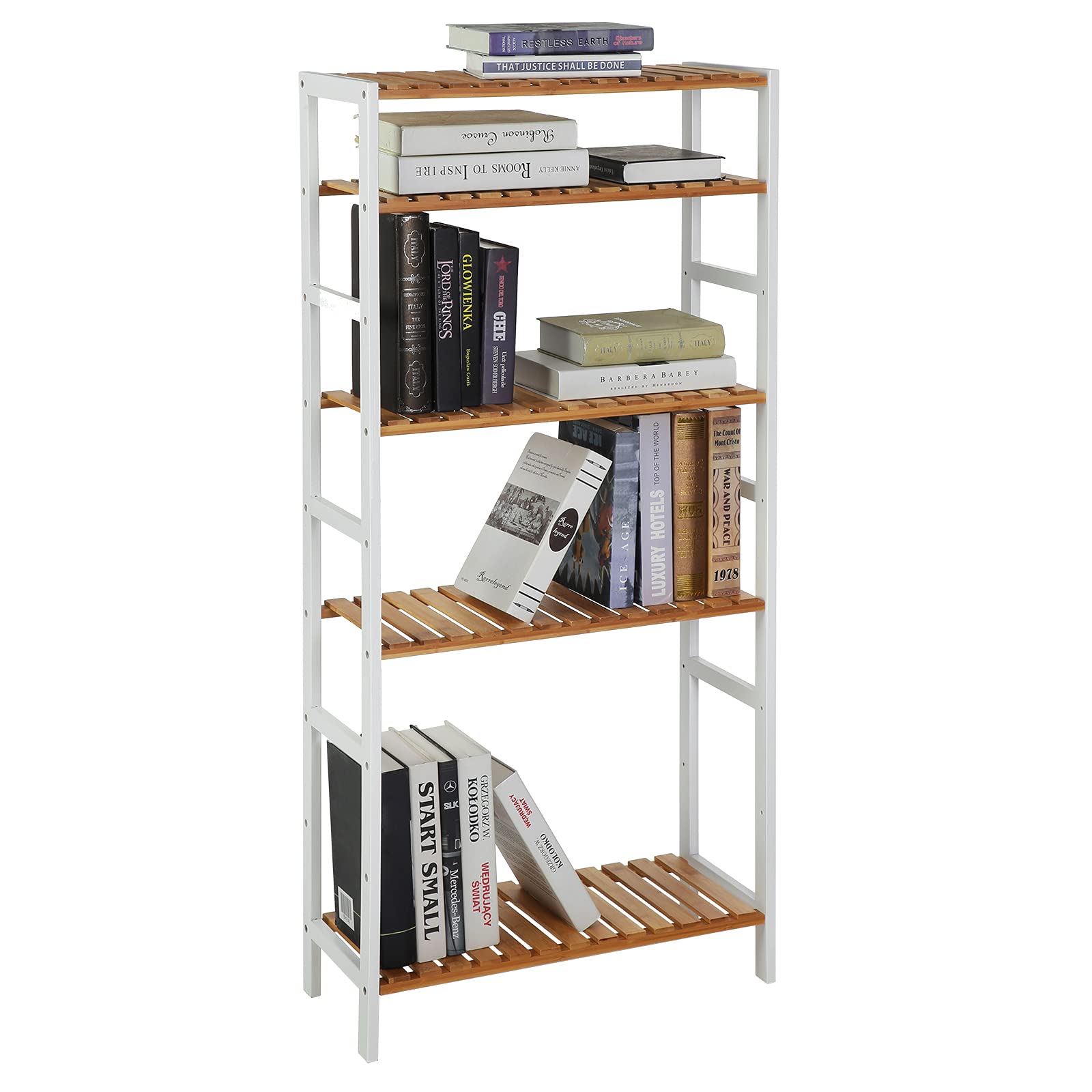 SONGMICS 5-Tier Bamboo Storage Shelf - Multifunctional Organizer for Hallway, Bathroom, Living Room, Balcony & Kitchen - White & Natural Wood Shelving Unit 26