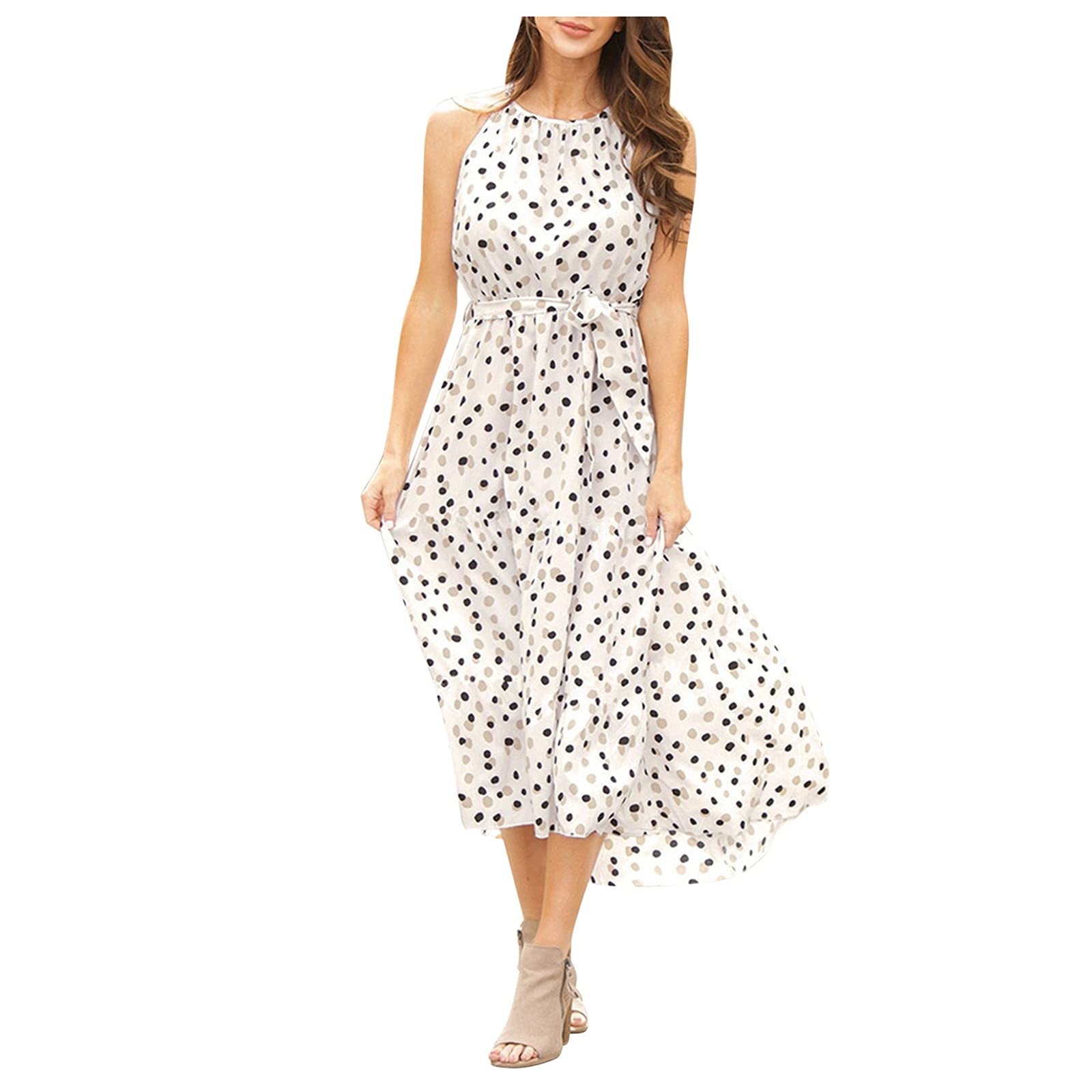Women's Halter Neck Floral Print Sleeveless Midi Dress - Summer Casual Beach Sundress for Vacation, Party & Outdoor Date Night