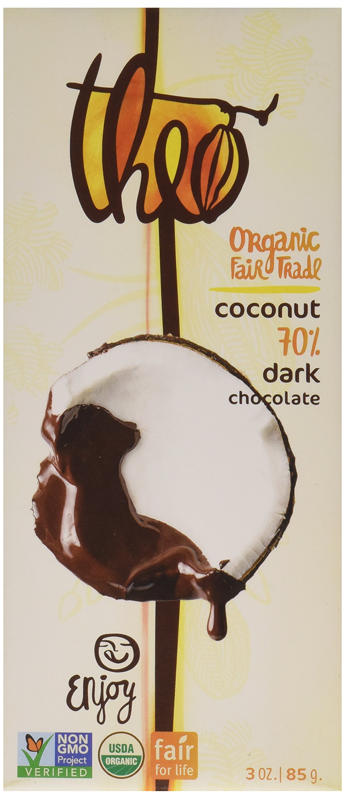 Organic Theo Coconut Dark Chocolate Bar 70% Cacao - Vegan, Gluten-Free, Fair Trade Certified | Healthy Snack for Dessert, Gifts & Keto Diet