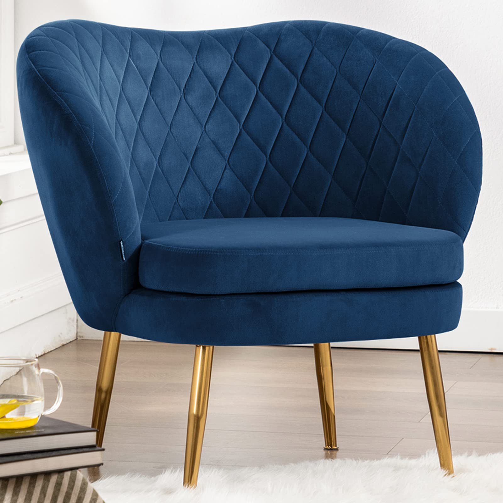 Velvet Accent Chair with Barrel Backrest - Upholstered Armchair Single Sofa for Living Room, Bedroom & Dining Room - Blue Velvet Lounge Chair for Home Decor & Relaxation