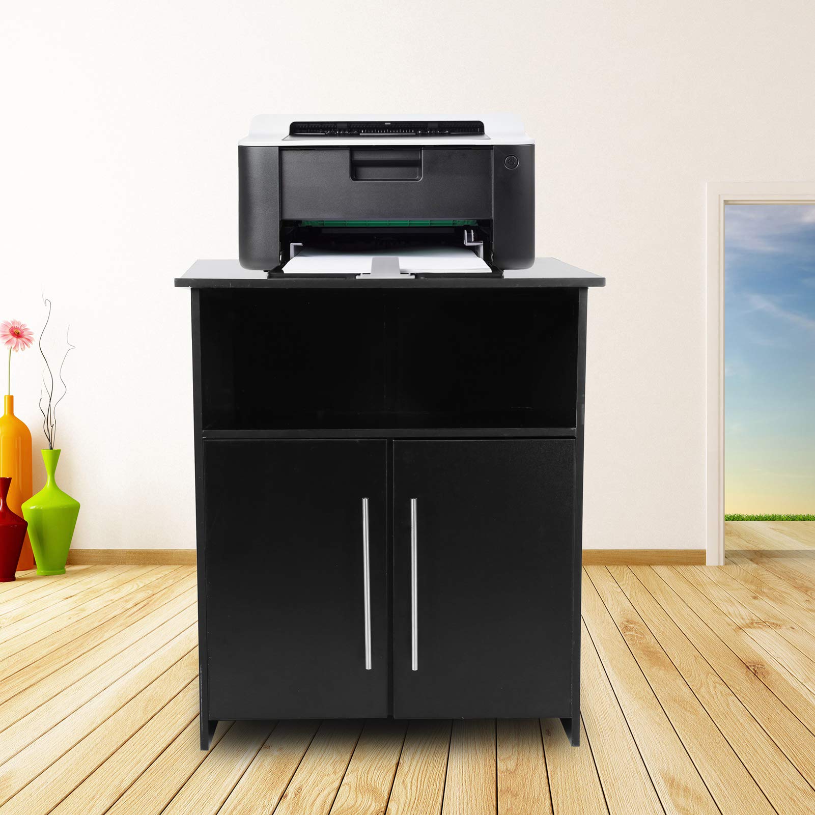 3-Tier Mobile Printer Stand with Door - 23.6x18.9x27.2in Rolling Filing Cabinet for Printer, Fax & Scanner - Heavy Duty Office Work Cart for Home & Business Workspaces