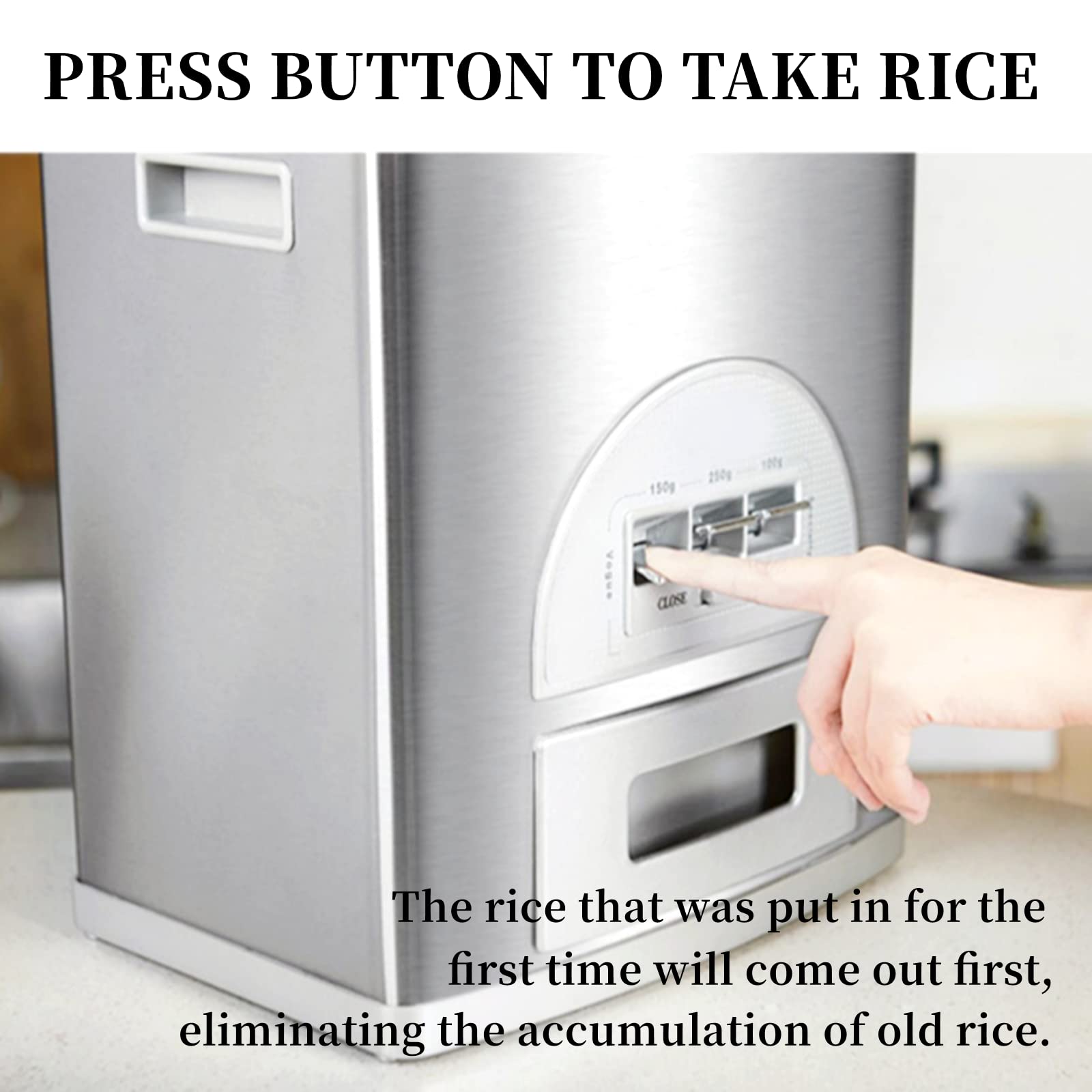 LOYALHEARTDY Automatic Rice Dispenser - 15kg/33lb Large Capacity Grain Storage Container with 100g/150g/250g Portion Control - Stainless Steel & ABS for Rice, Beans, Small Grains - Perfect for Kitchen, Pantry & Bulk Food Storage