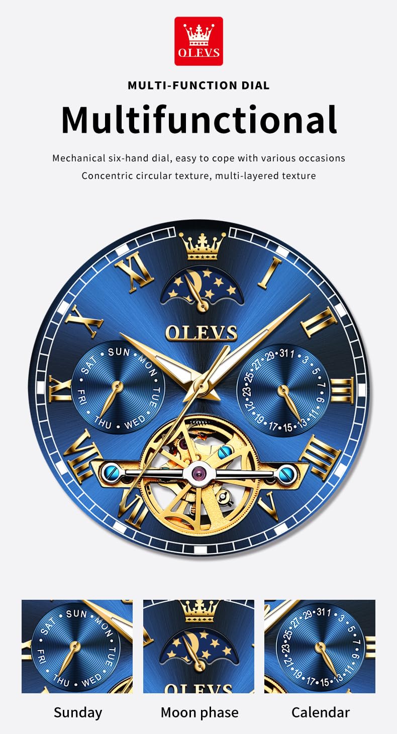 OLEVS Automatic Self-Winding Men's Watch with Date & Day Display - Stainless Steel Skeleton Tourbillon Watch - Waterproof Mechanical Watch for Men | Perfect for Business, Formal Events & Daily Wear