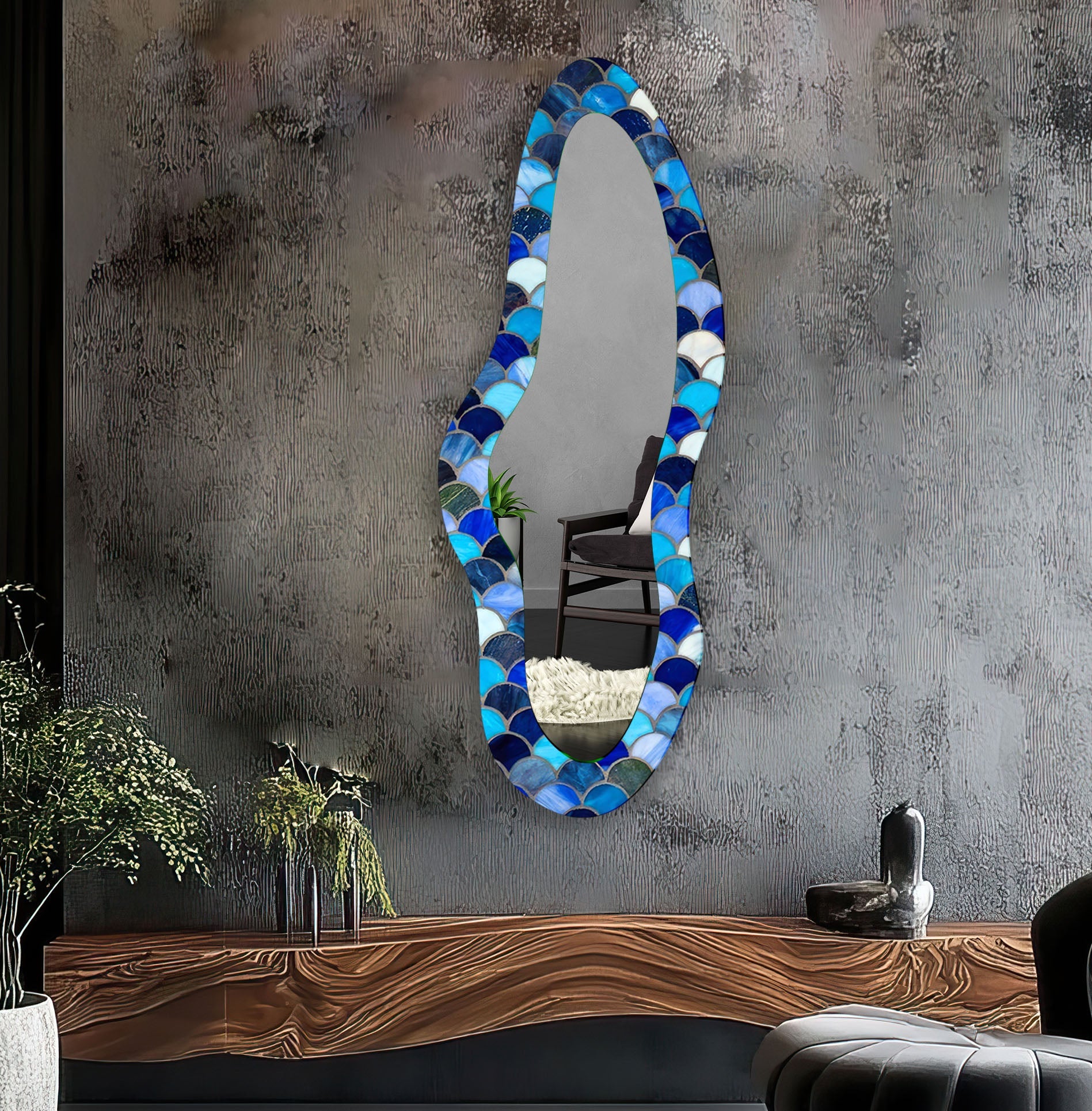 Handmade Blue Stained Irregular Long Glass Wall Mirror - Unique Boho Decor for Living Room, Bedroom & Entryway