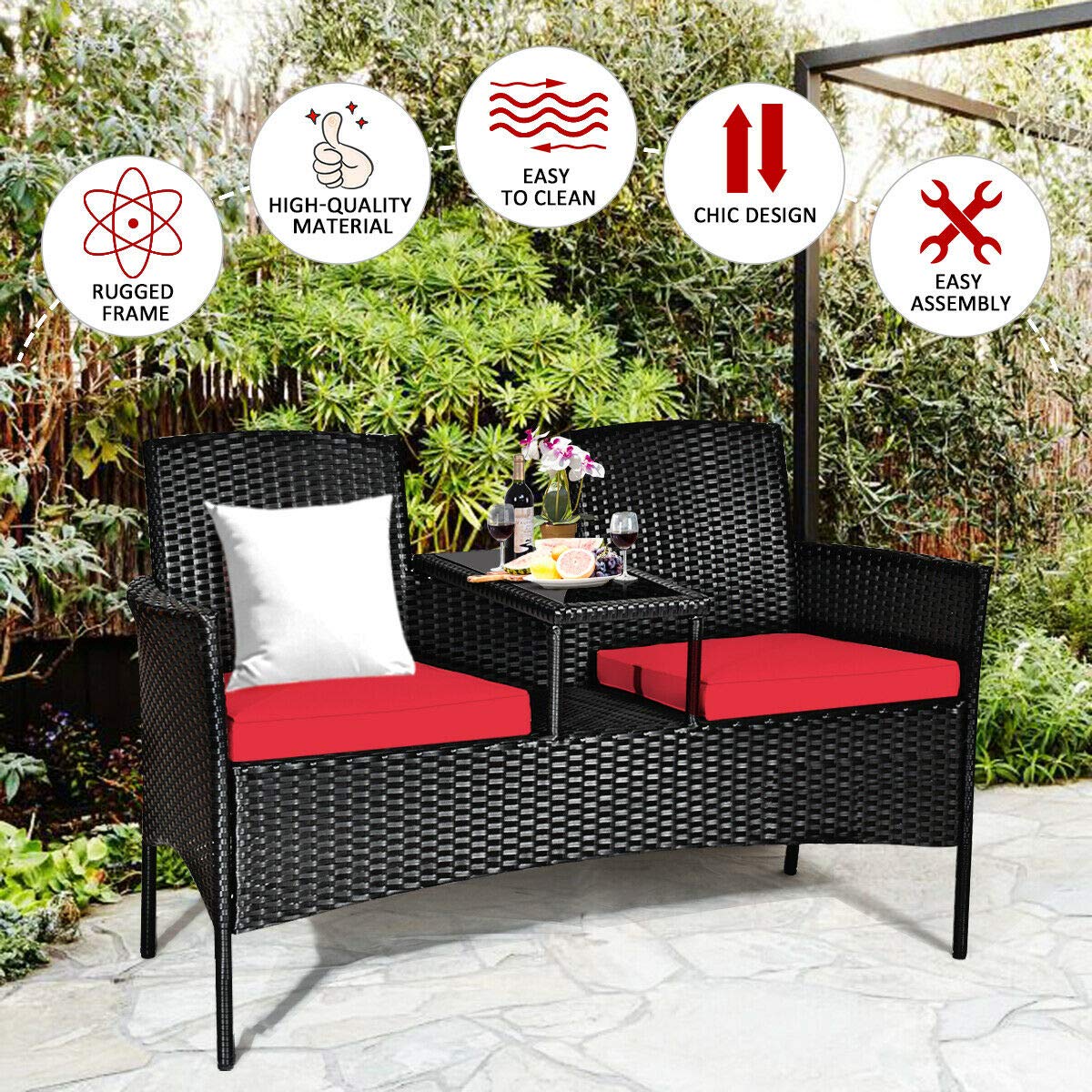 Relax4Life Outdoor Rattan Wicker Conversation Set with Coffee Table & 2 Removable Cushion Chairs - Patio, Garden, Balcony, Lawn Furniture for Porch, Backyard & Poolside (Black & Red)