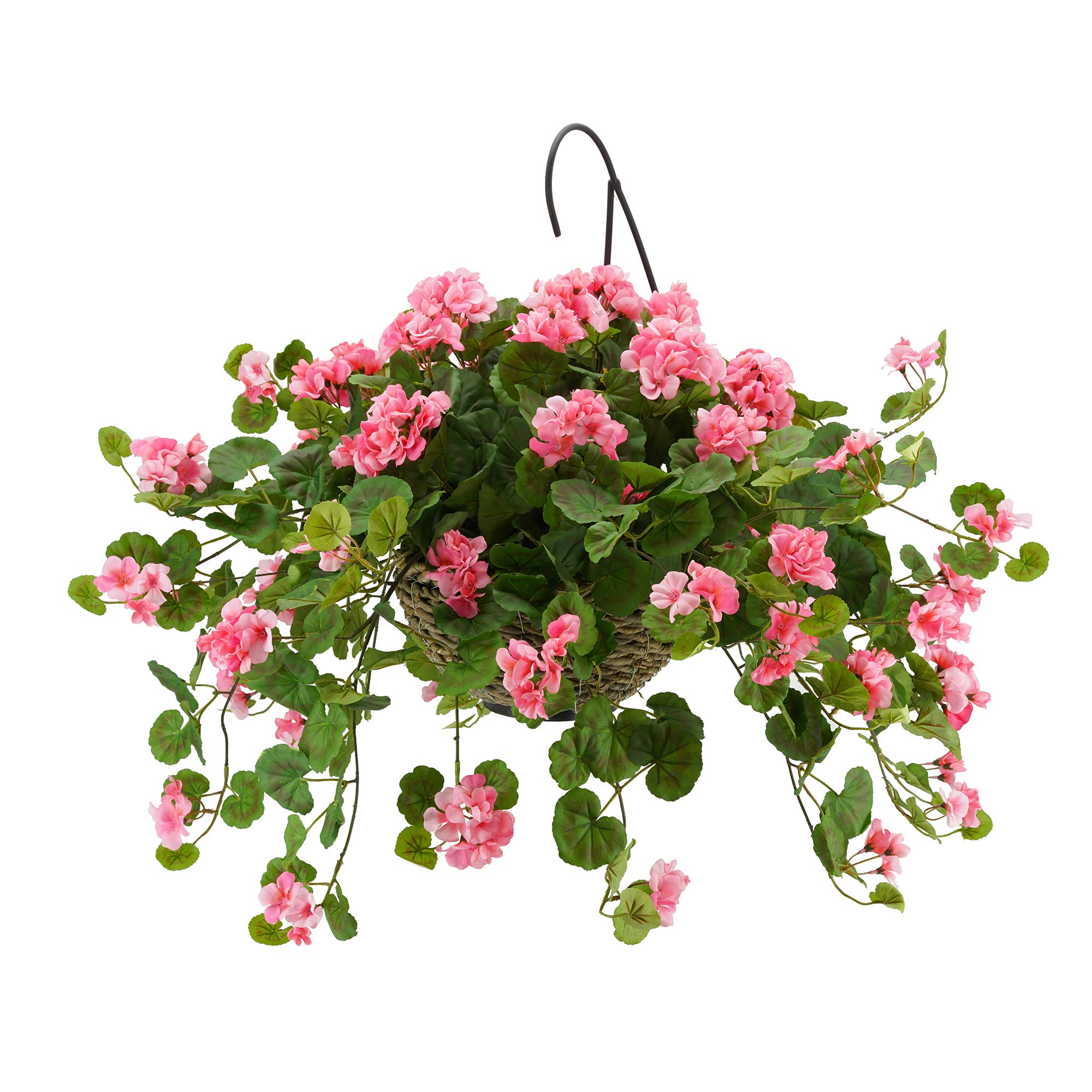 Artificial Pink Geranium Silk Flowers in Water Hyacinth Hanging Basket - Realistic Home & Garden Decor for Porch, Patio, and Indoor Plant Displays