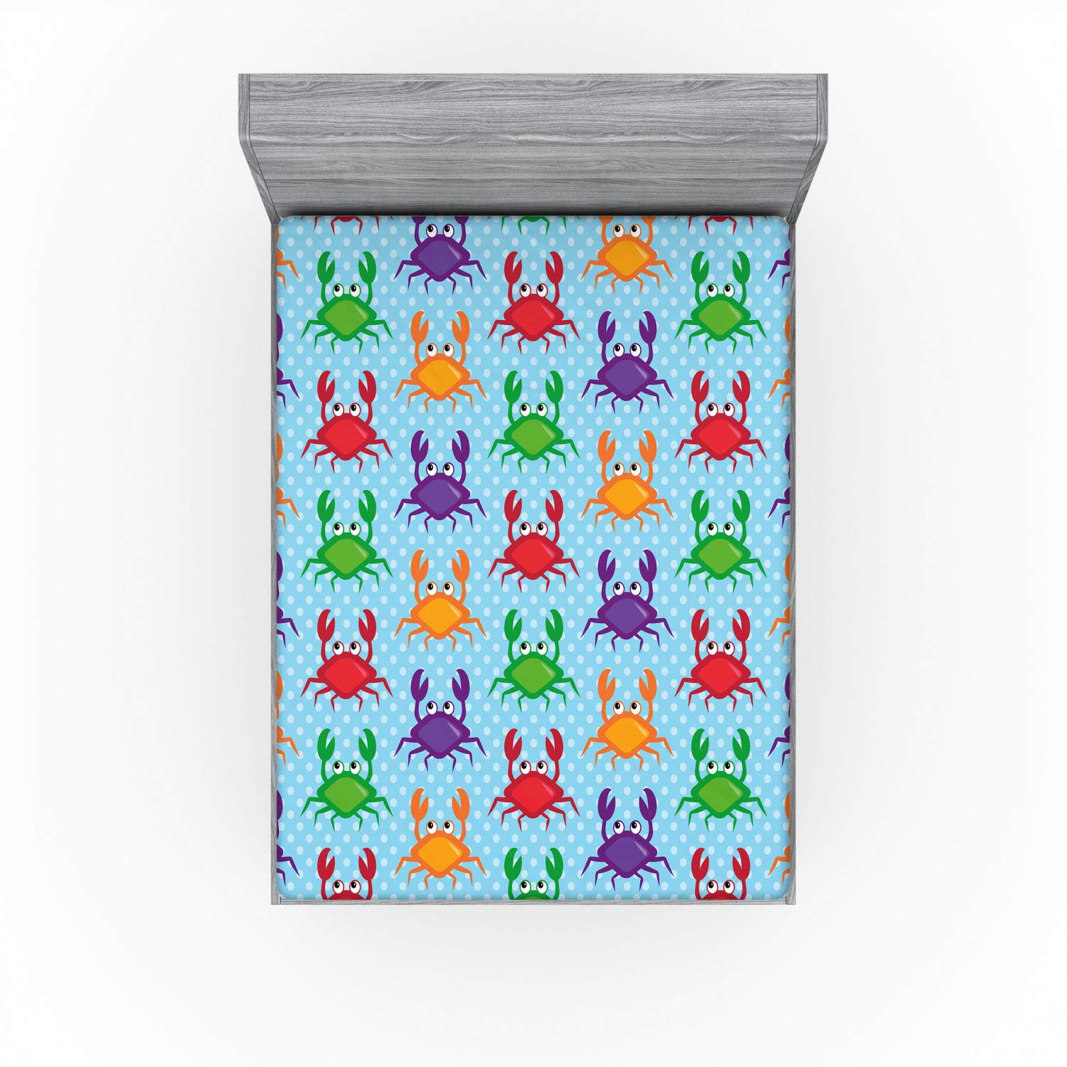 Ambesonne Crabs Fitted Sheet - Queen Size Cartoon Art Style Crab Print with Blue Background & Bubbles - Deep Pocket All-Around Elastic Bed Cover - Perfect for Kids' Rooms, Beach Themed Decor & Coastal Home Bedding