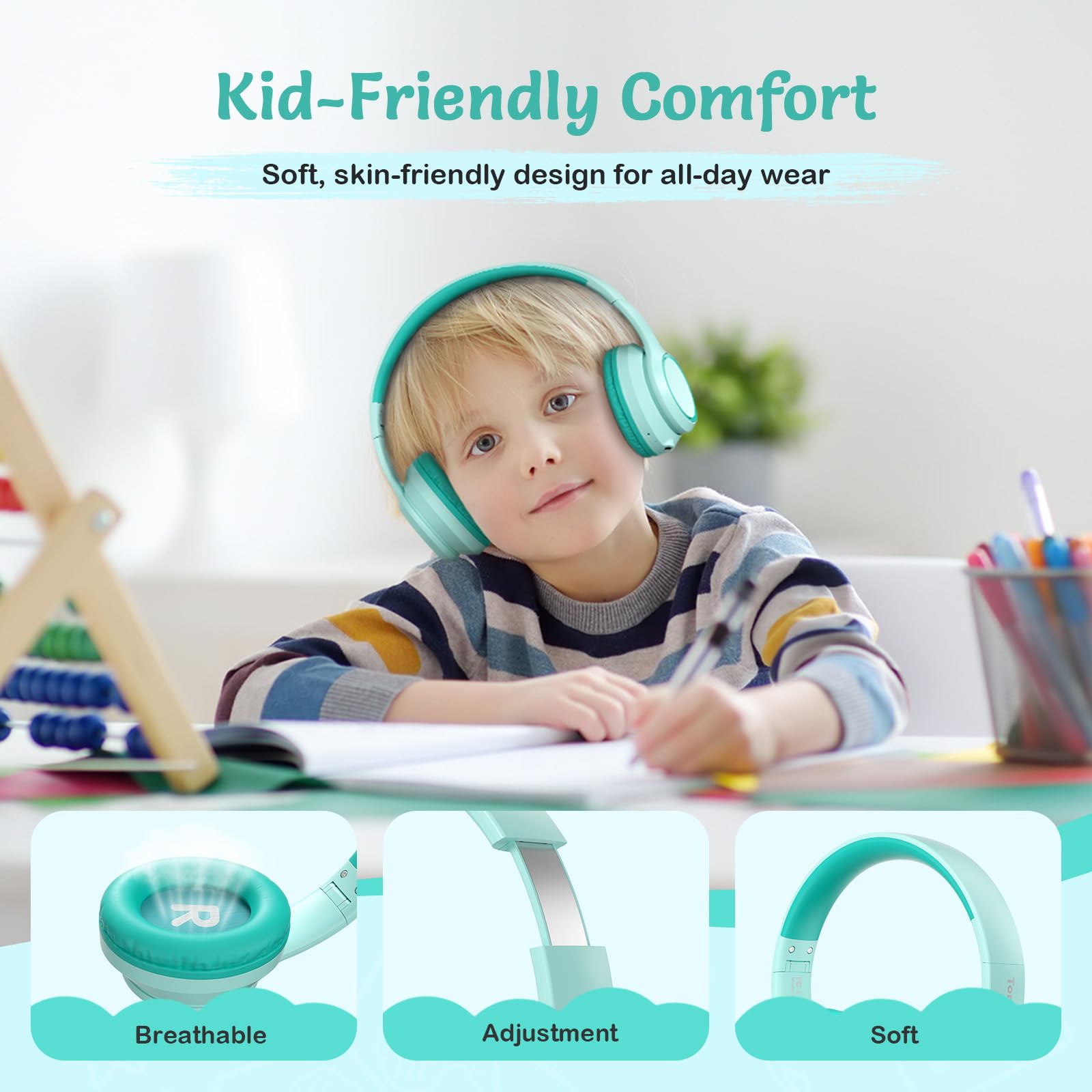 Best Kids Wireless Bluetooth Headphones with Active Noise Cancelling - 60H Playtime, Built-in Mic, Over-Ear Design for Home, School, Travel & Party - Includes Portable Carrying Case - Perfect for Learning, Gaming & Long Flights