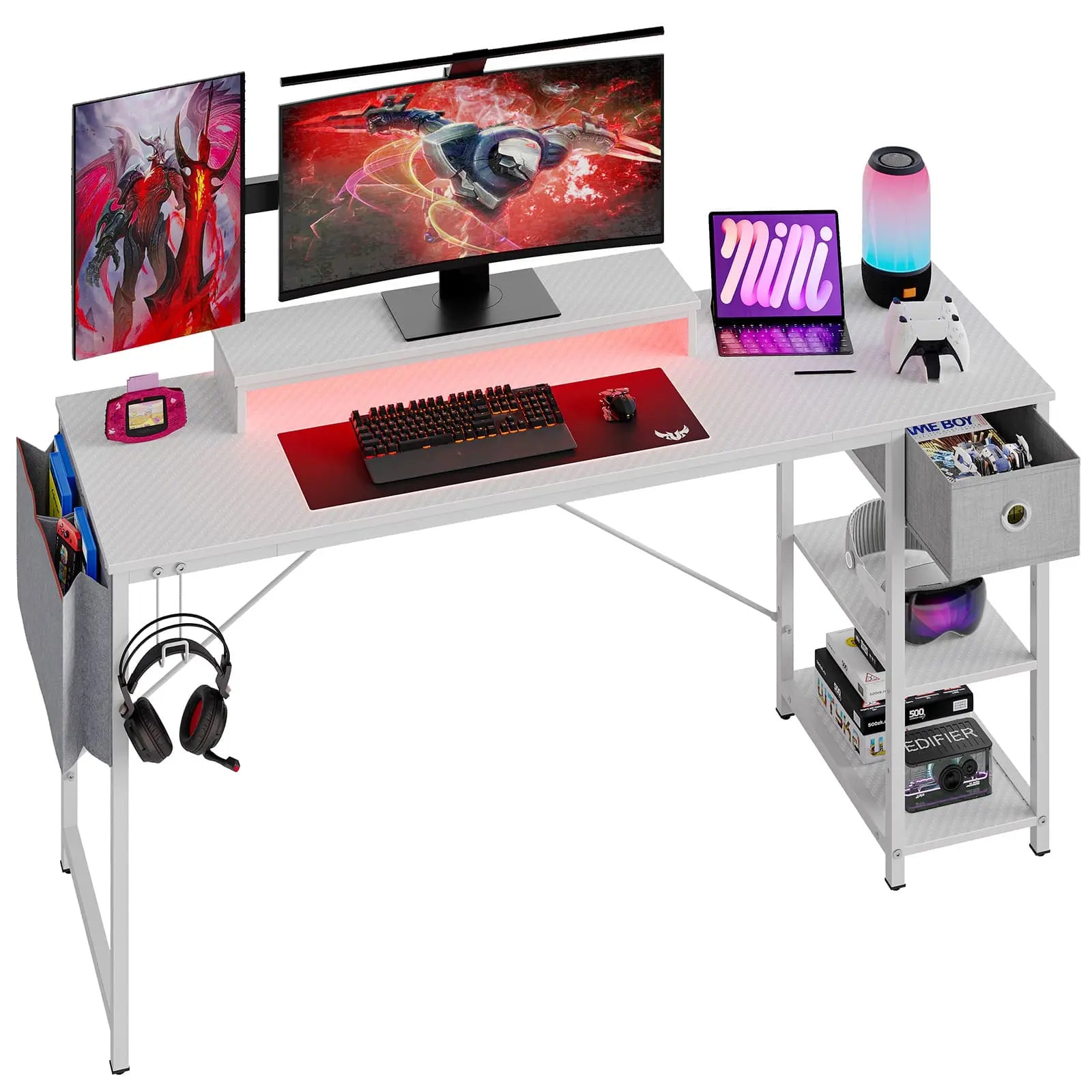 Bestier 61 Inch LED Computer Desk with Adjustable Shelves - Modern Home Office Desk for Work, Gaming & Study - Perfect for Small Spaces & Bedrooms