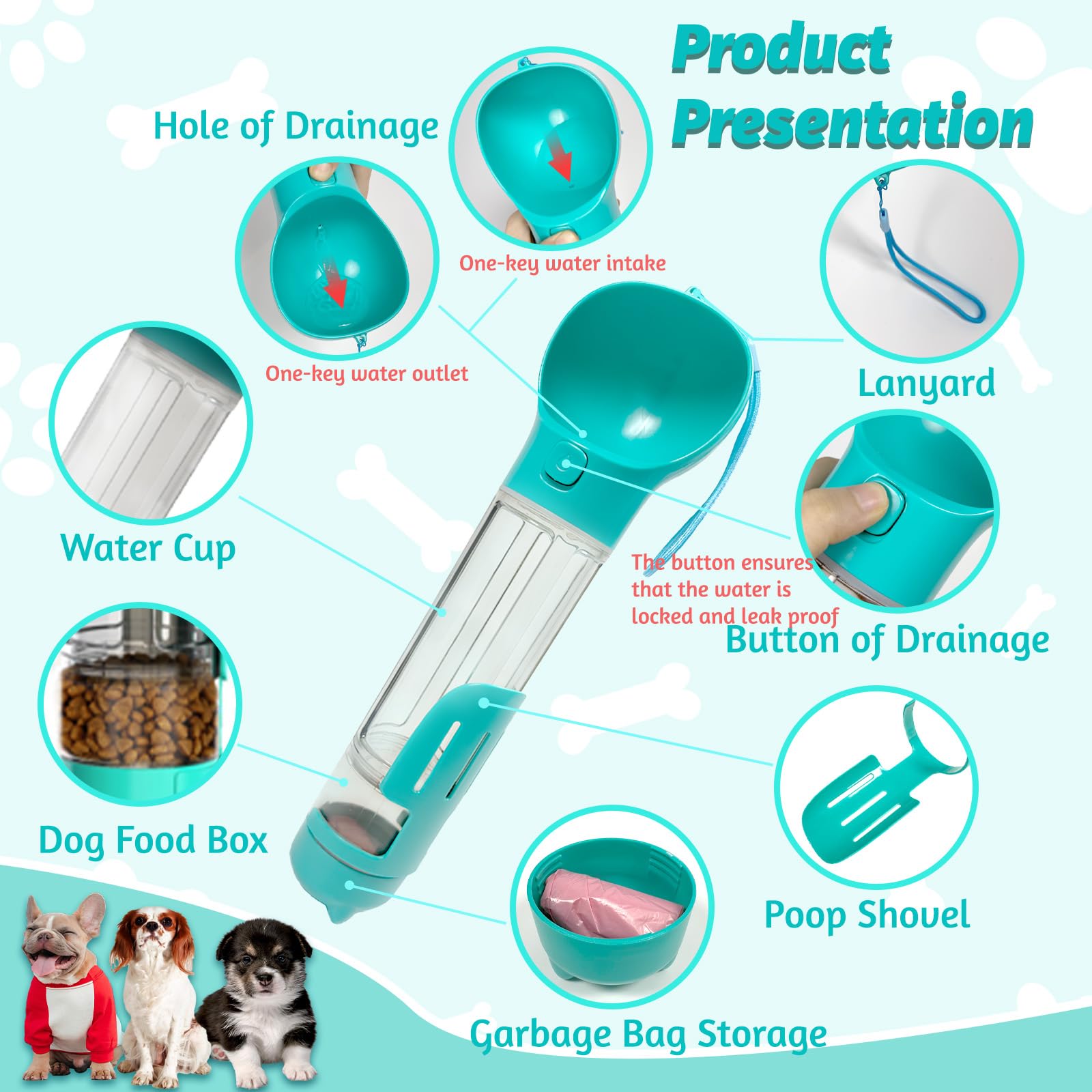 Portable Dog Water Bottle with Feeder and Collapsible Bowl - 12.1oz Leak Proof Travel Water Dispenser for Dogs - Includes Waste Bag Holder & Poop Bags - Perfect for Hiking, Camping, and Outdoor Adventures (Lake Blue)