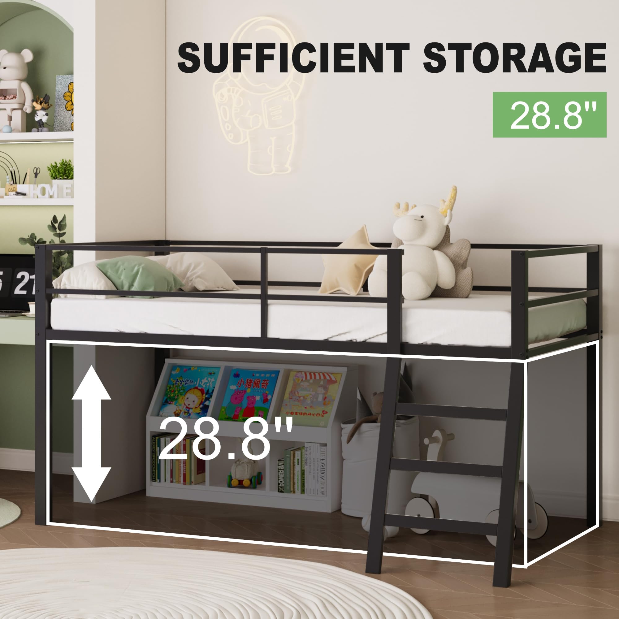 Low Loft Bed Twin Size - Sturdy Metal Junior Loft Bed with Stairs & Safety Rail | Quiet Design for Small Bedrooms | Black | Perfect for Kids' Rooms, Dorms & Space-Saving Bedroom Solutions