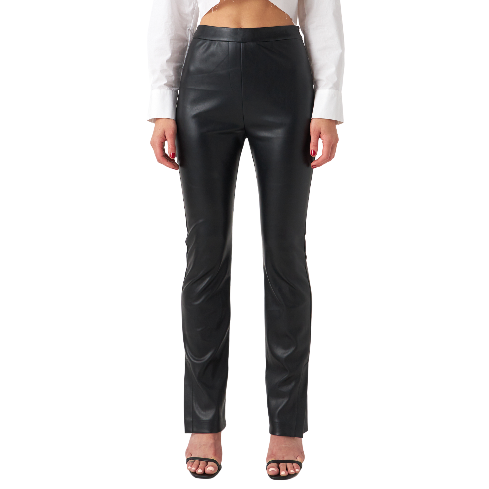 Faux Leather PU High Waist Slit Leggings for Women - Stretchy Slim Fit Pants, Fashionable Workout & Night Out Outfits
