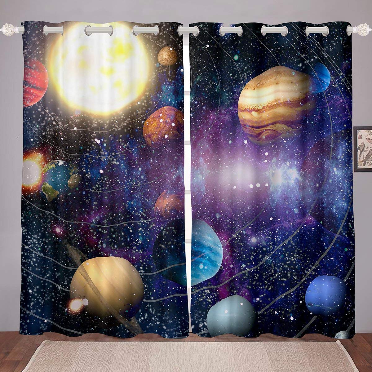 Galaxy Starry Sky Printed Blackout Curtain Panels - Outer Space Planet Decor for Teens, Boys & Kids - 104