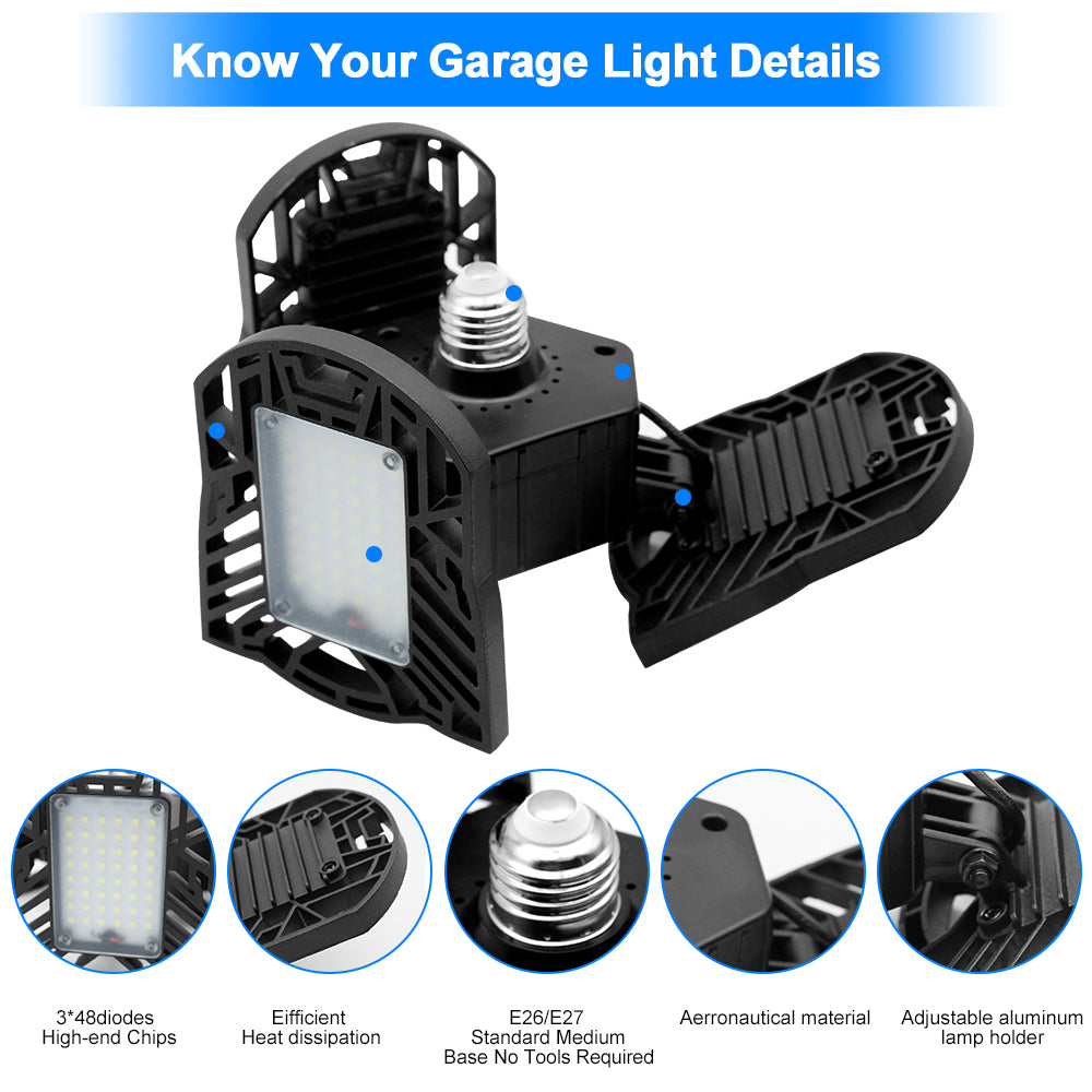 60W LED Garage Light 6000LM 6000K High Brightness, CRI 80, E26/E27 Base, Dimmable & Adjustable Ceiling Light - Perfect for Garage, Workshop, Basement, Warehouse, and Industrial Lighting